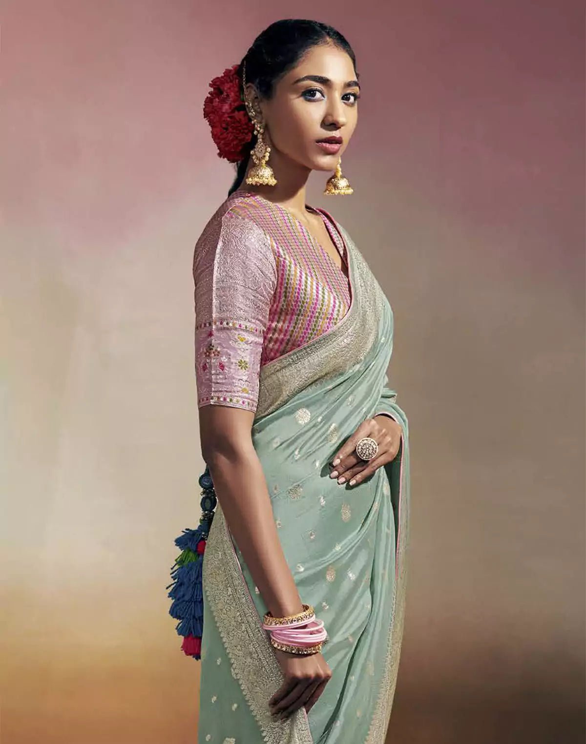 Image of Light Sea Green Pure Dola Silk Saree and Designer Blouse - South India Shopping Mall
