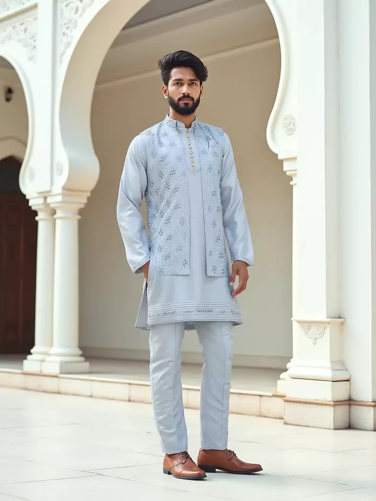 Image of Light Sky Blue Thread Work Giza Cotton Kurta Jacket Set - South India Shopping Mall