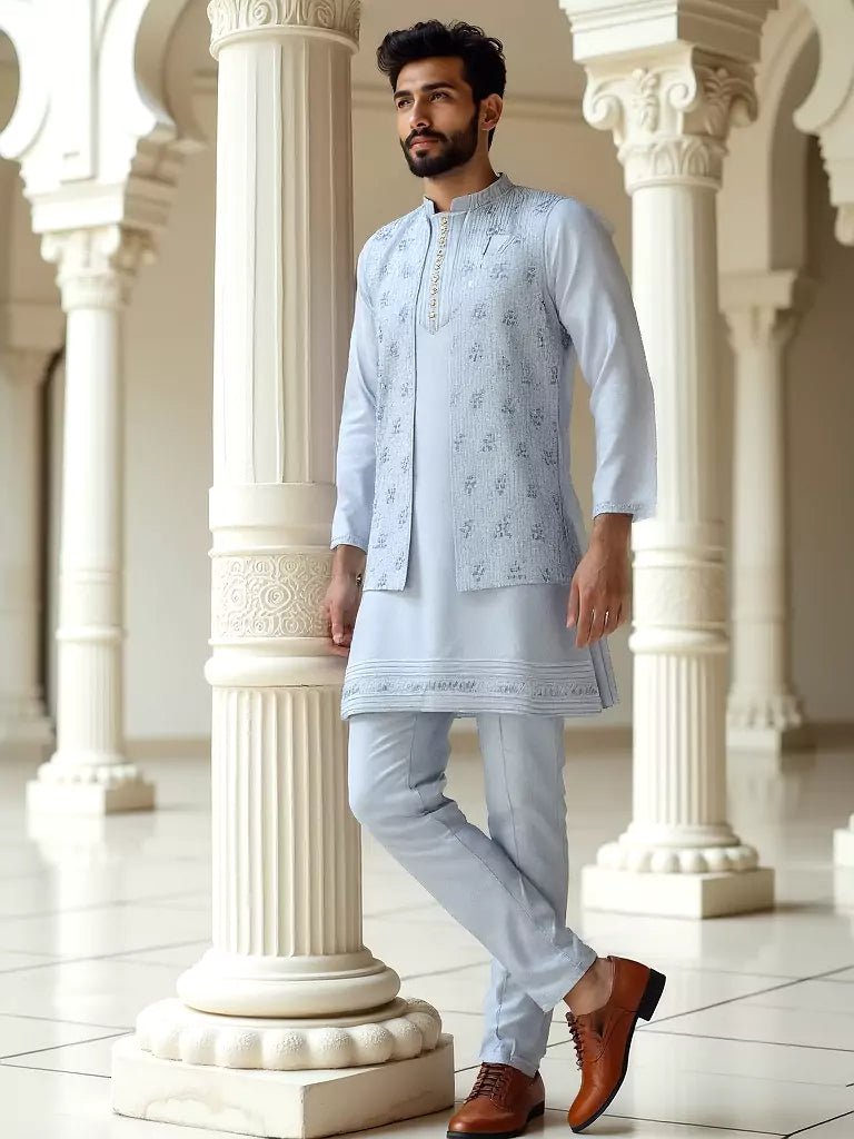 Image of Light Sky Blue Thread Work Giza Cotton Kurta Jacket Set - South India Shopping Mall