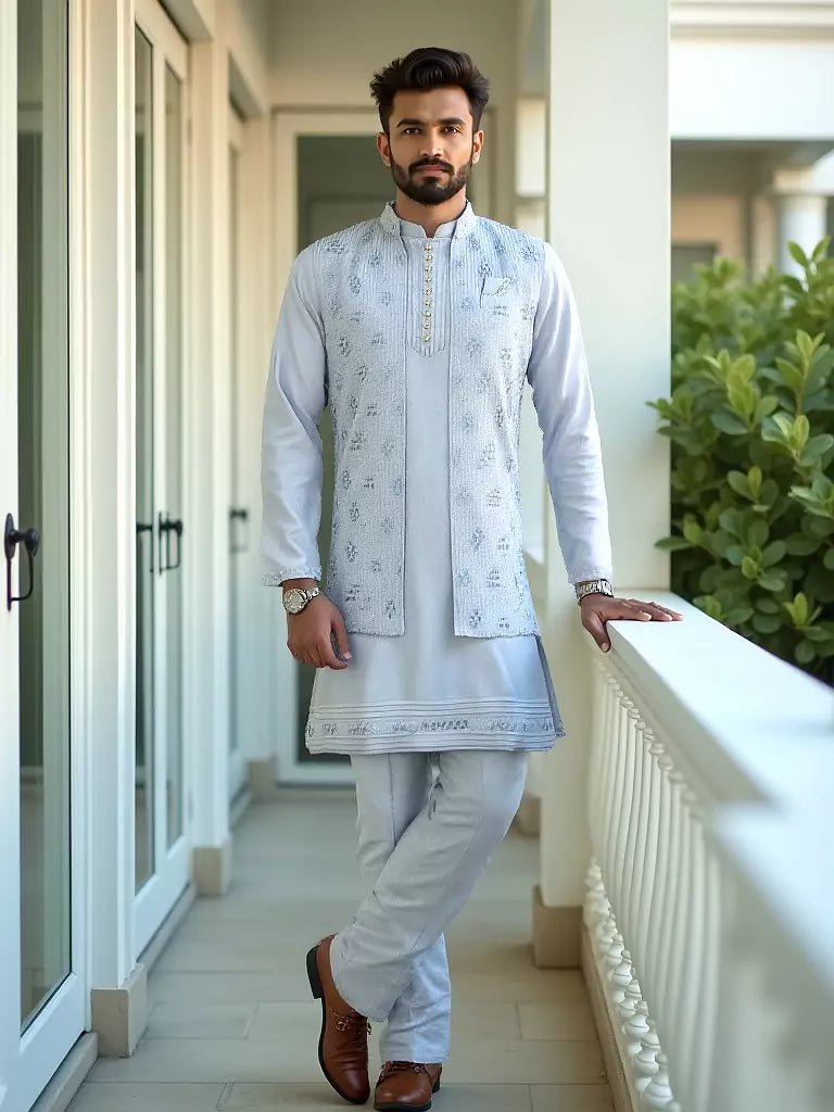 Image of Light Sky Blue Thread Work Giza Cotton Kurta Jacket Set - South India Shopping Mall