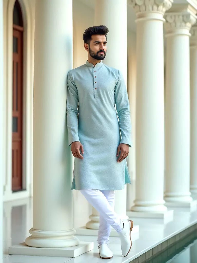 Image of Light Sky Coloured Cotton Kurta Pyjama Set - South India Shopping Mall