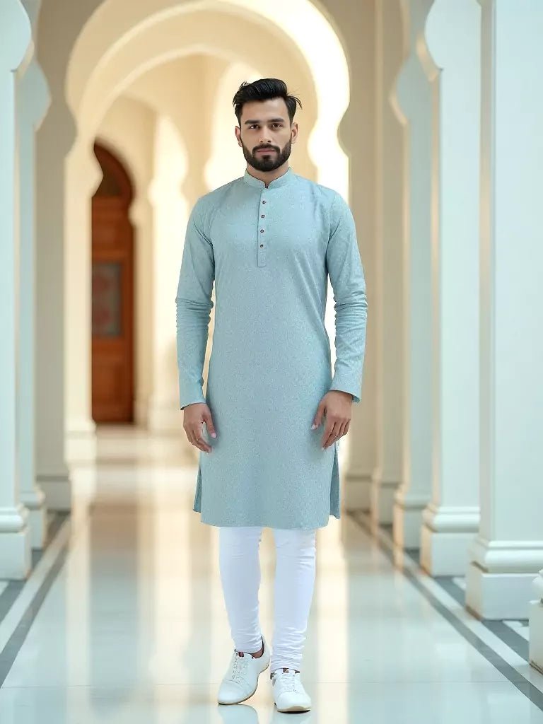 Image of Light Sky Coloured Cotton Kurta Pyjama Set - South India Shopping Mall
