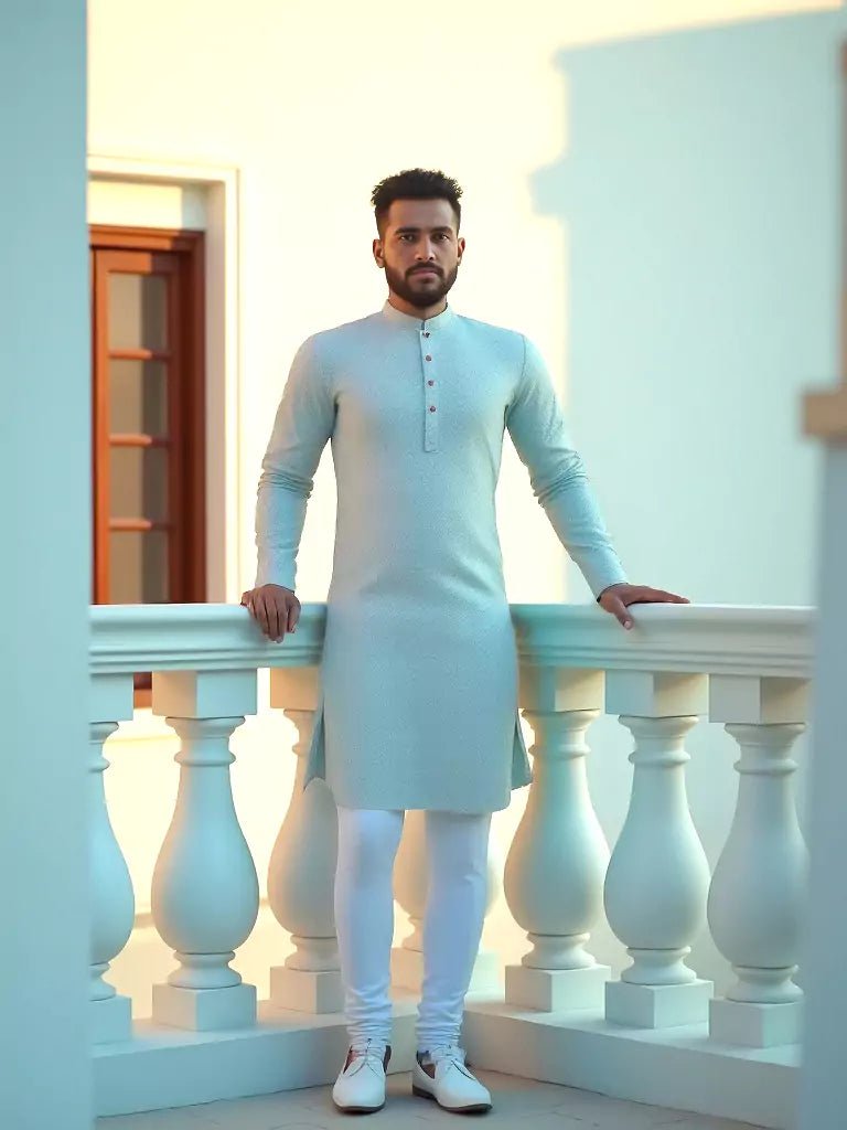 Image of Light Sky Coloured Cotton Kurta Pyjama Set - South India Shopping Mall