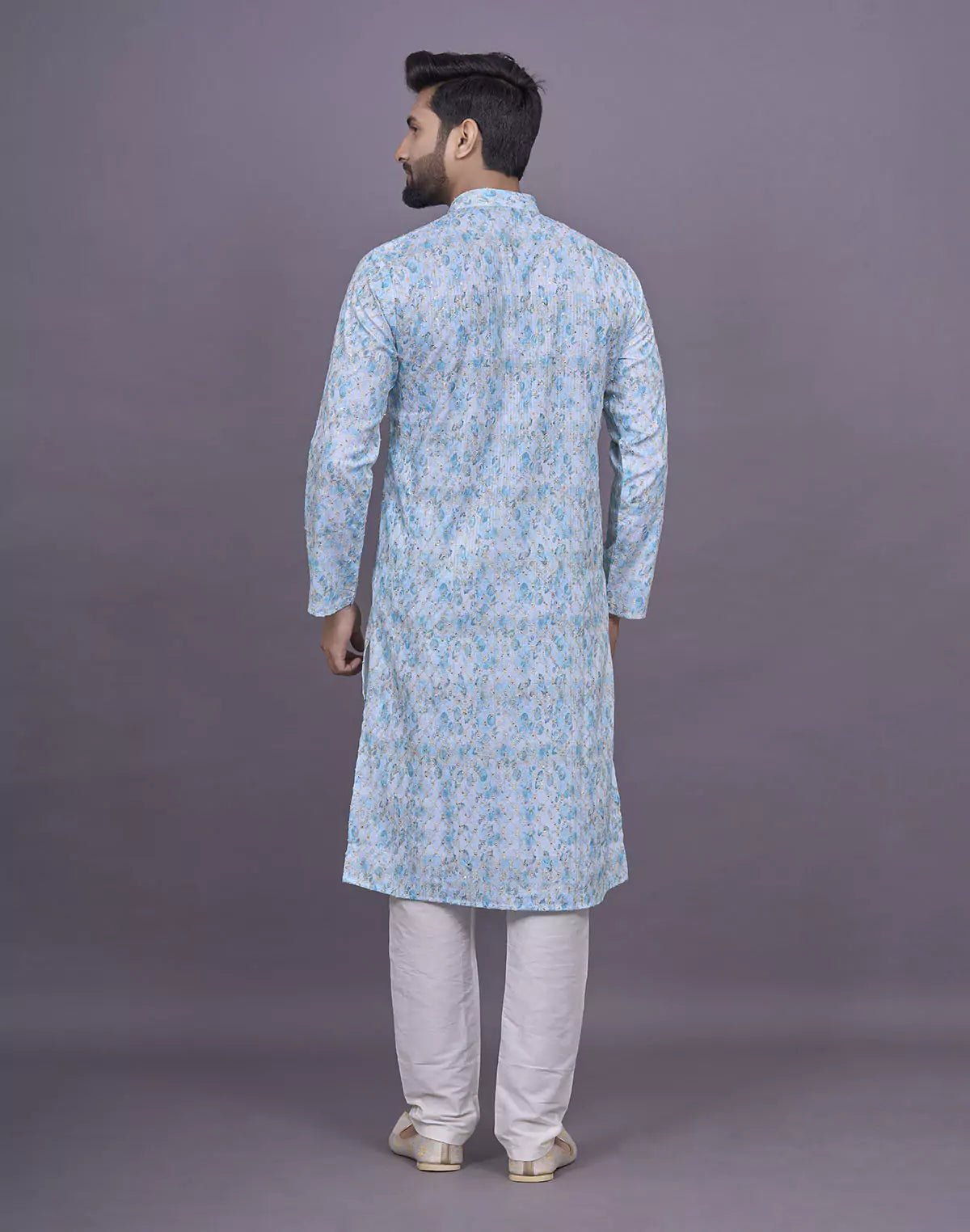 Image of Light Sky Graphic Design Embellished work Cotton Kurta Set - South India Shopping Mall
