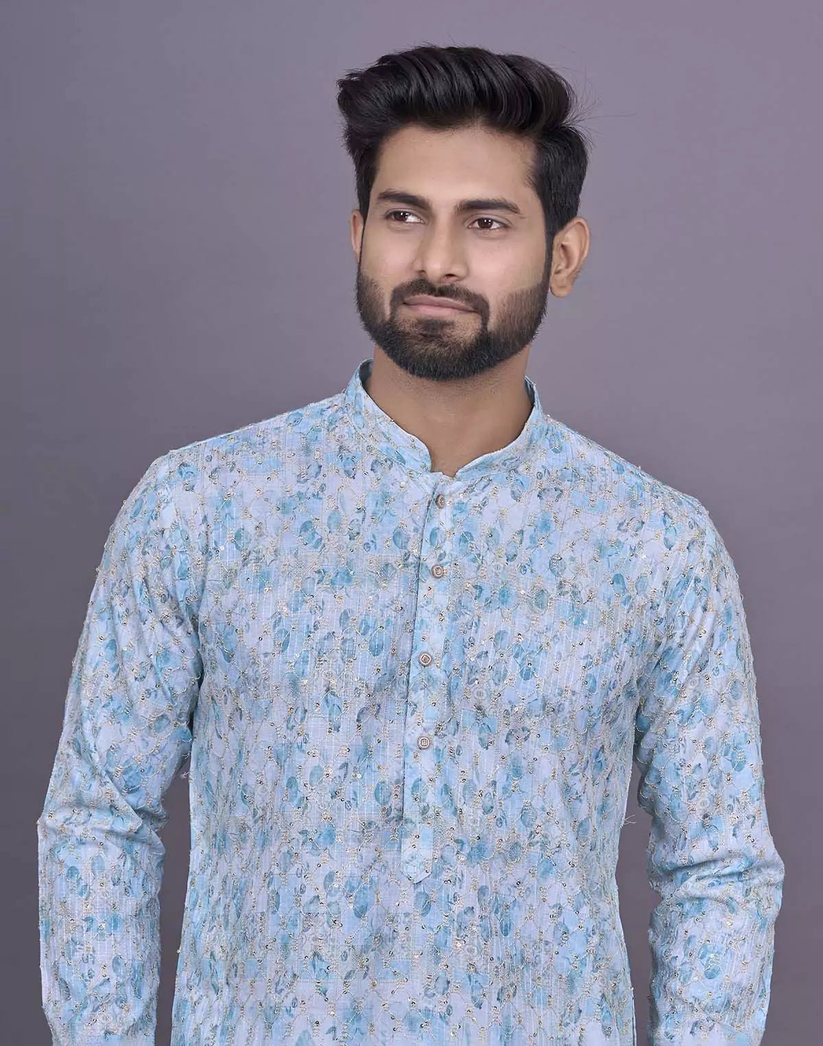 Image of Light Sky Graphic Design Embellished work Cotton Kurta Set - South India Shopping Mall