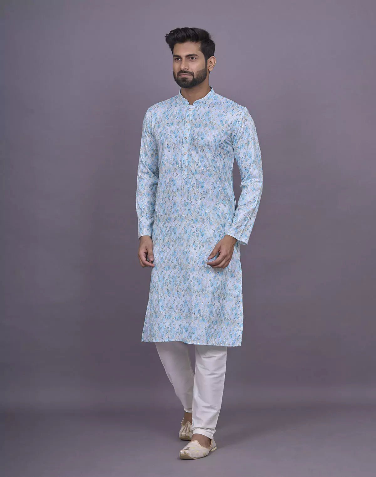Image of Light Sky Graphic Design Embellished work Cotton Kurta Set - South India Shopping Mall
