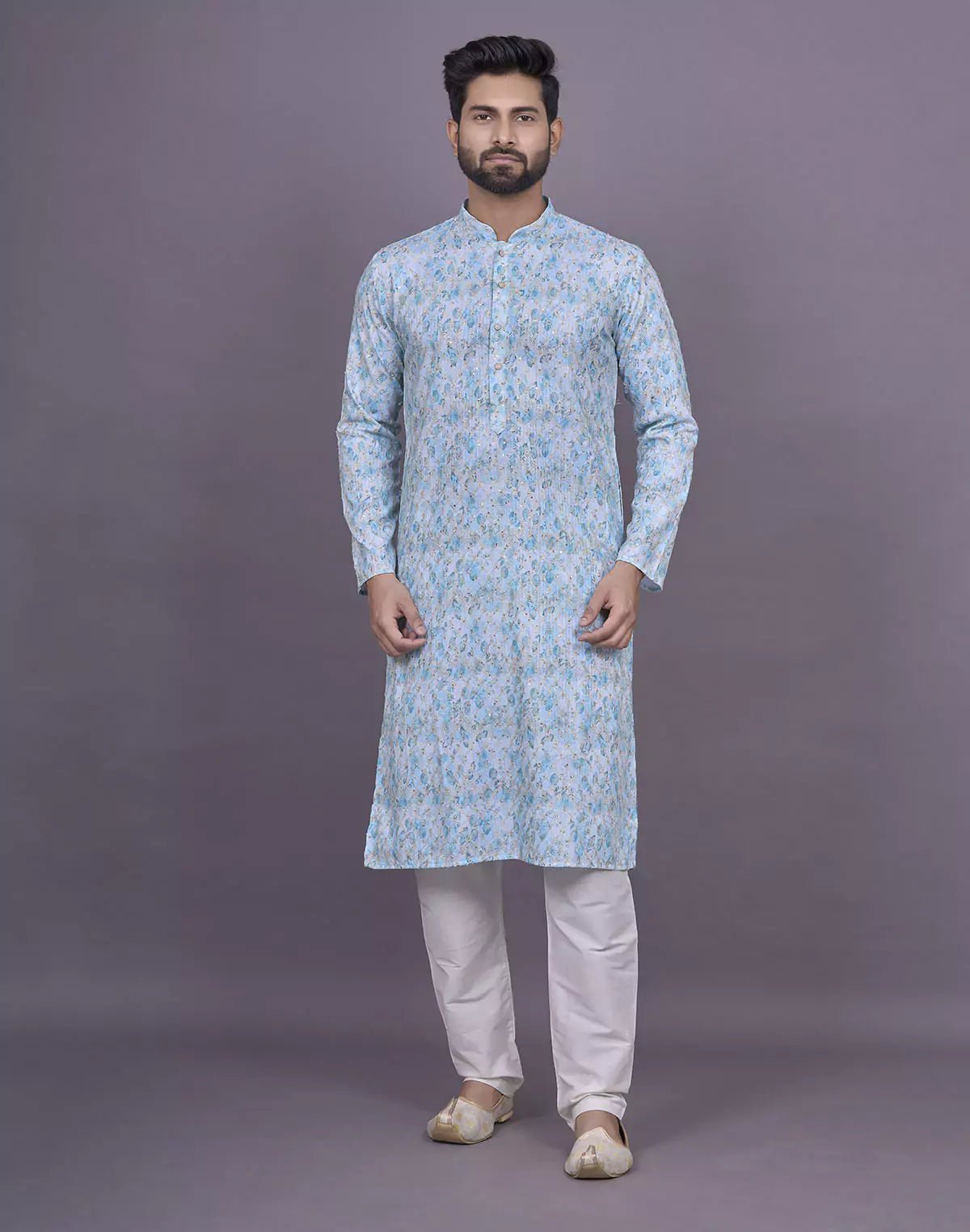 Image of Light Sky Graphic Design Embellished work Cotton Kurta Set - South India Shopping Mall