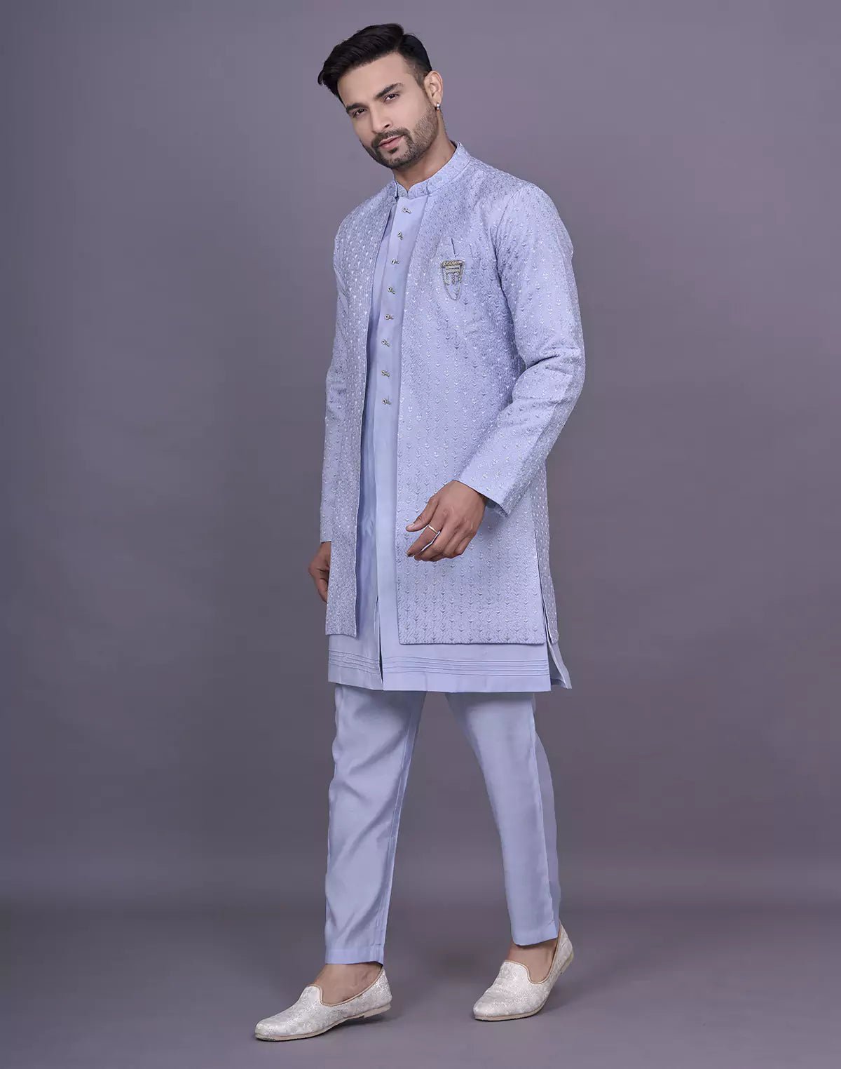 Image of Light Sky Self Thread Embroidery work Soft Silk Kurta Jacket Set - South India Shopping Mall