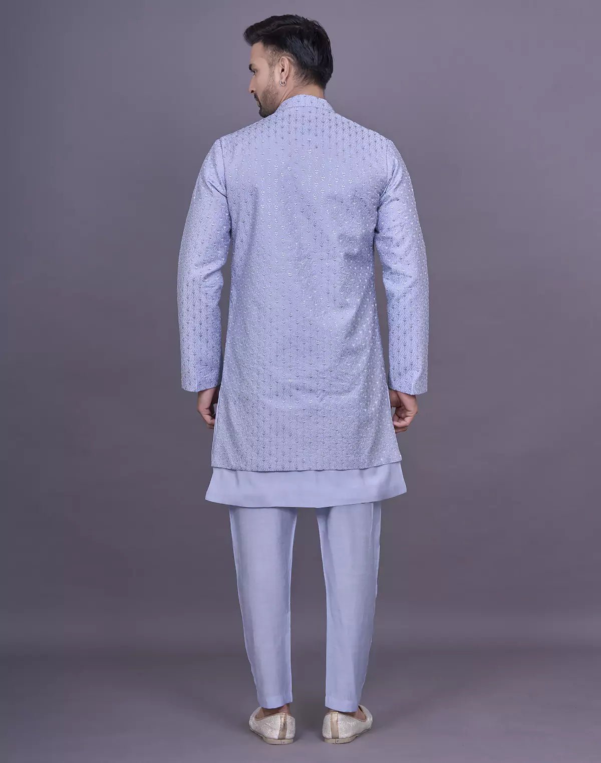 Image of Light Sky Self Thread Embroidery work Soft Silk Kurta Jacket Set - South India Shopping Mall