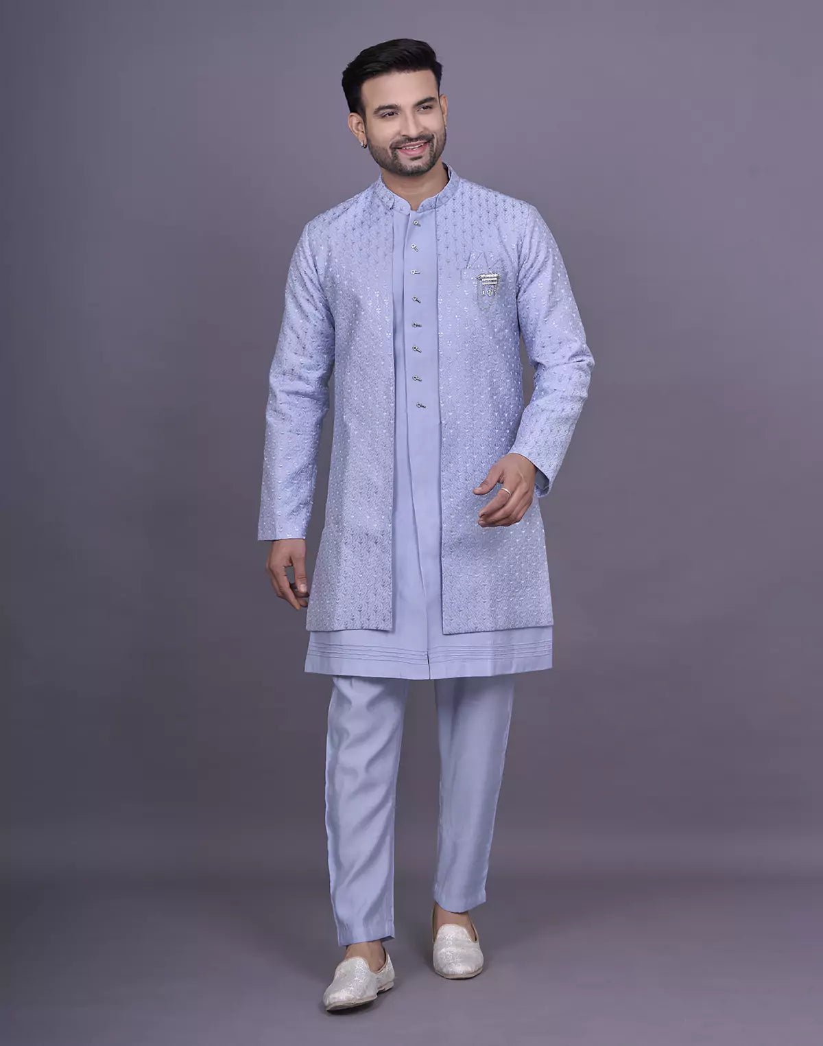 Image of Light Sky Self Thread Embroidery work Soft Silk Kurta Jacket Set - South India Shopping Mall