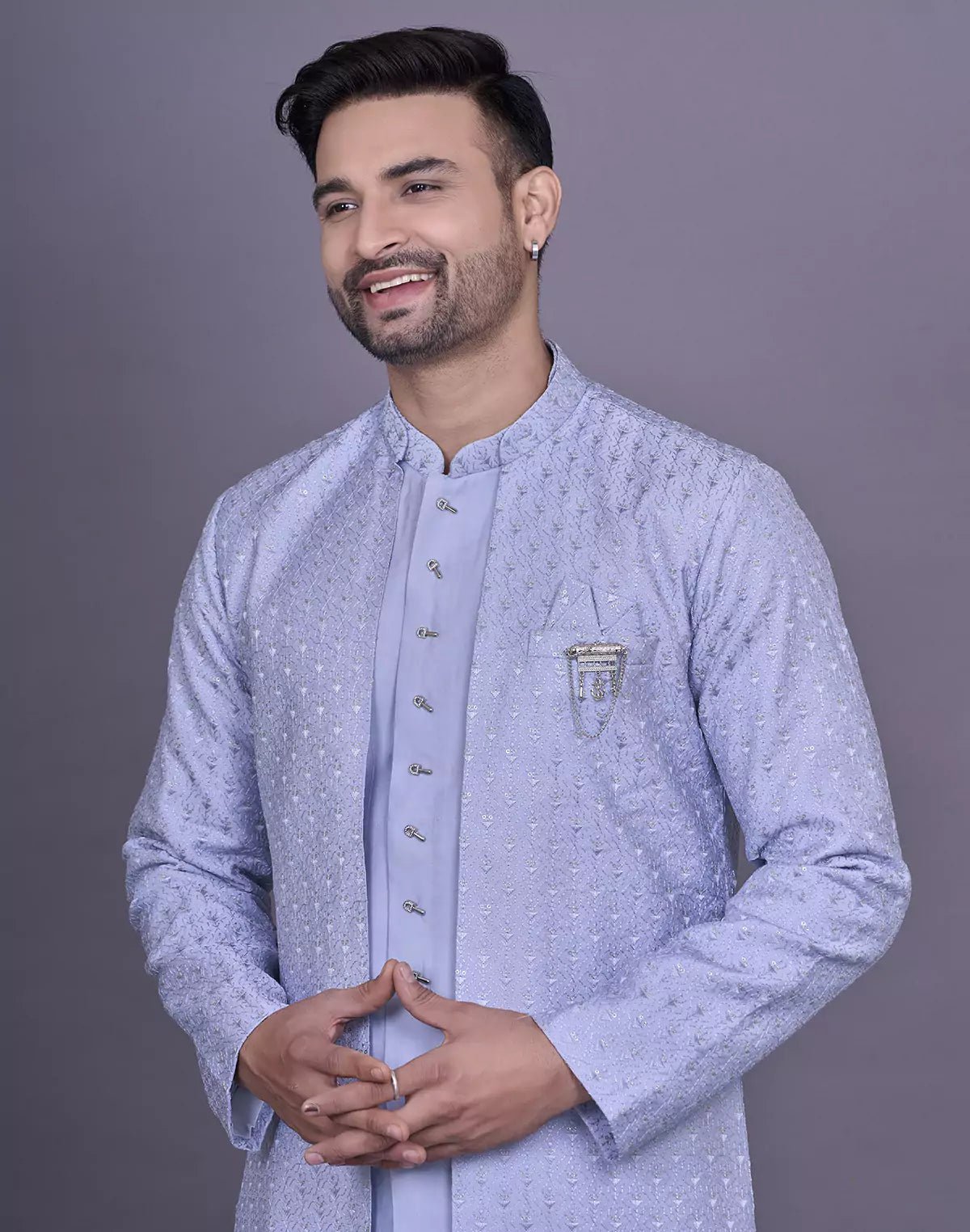 Image of Light Sky Self Thread Embroidery work Soft Silk Kurta Jacket Set - South India Shopping Mall