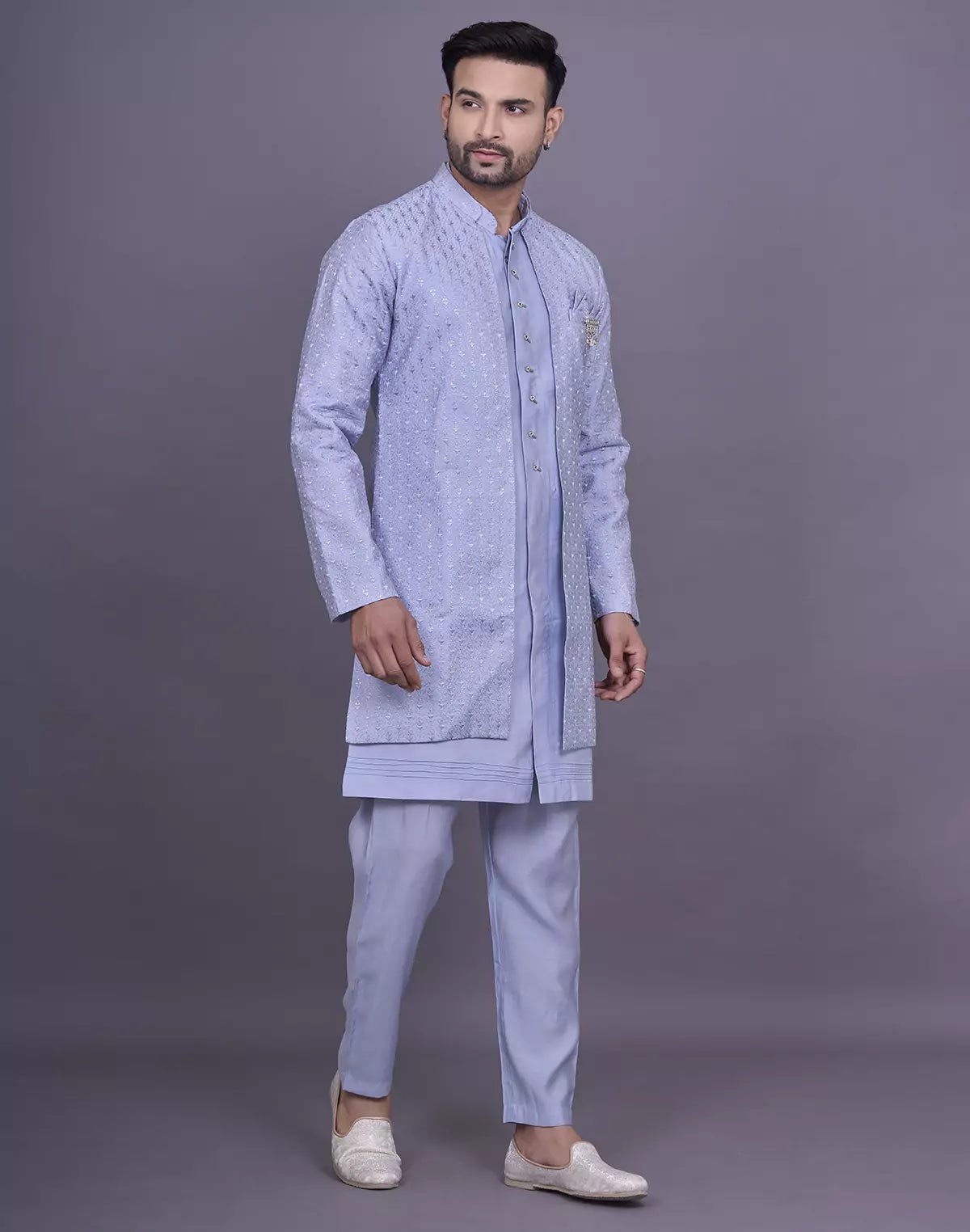 Image of Light Sky Self Thread Embroidery work Soft Silk Kurta Jacket Set - South India Shopping Mall