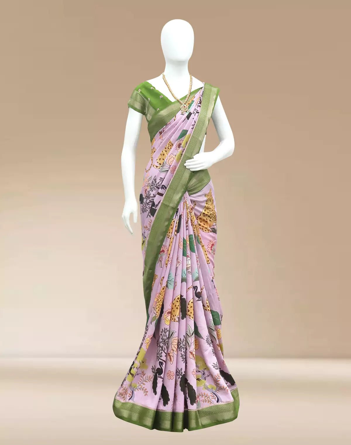 Image of Light Violet Botanical Print Dola Silk Saree - South India Shopping Mall