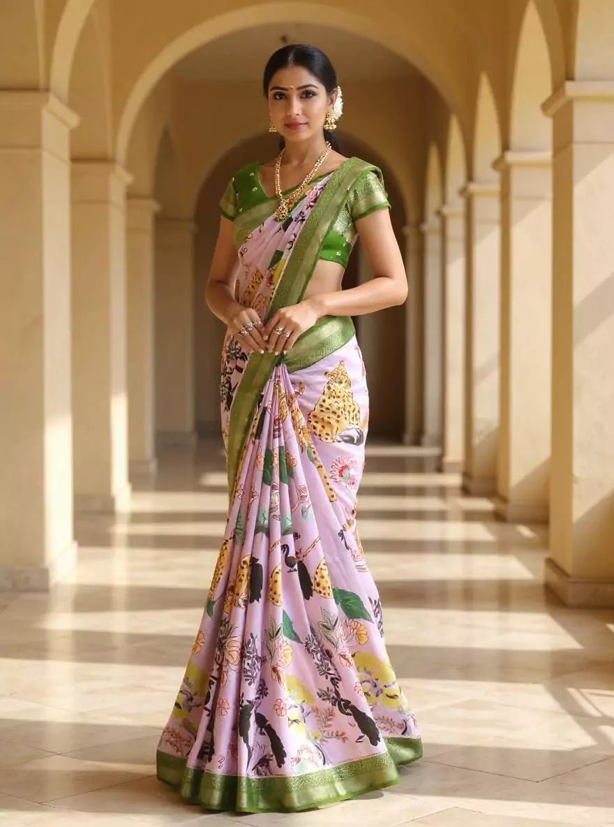 Image of Light Violet Botanical Print Dola Silk Saree - South India Shopping Mall