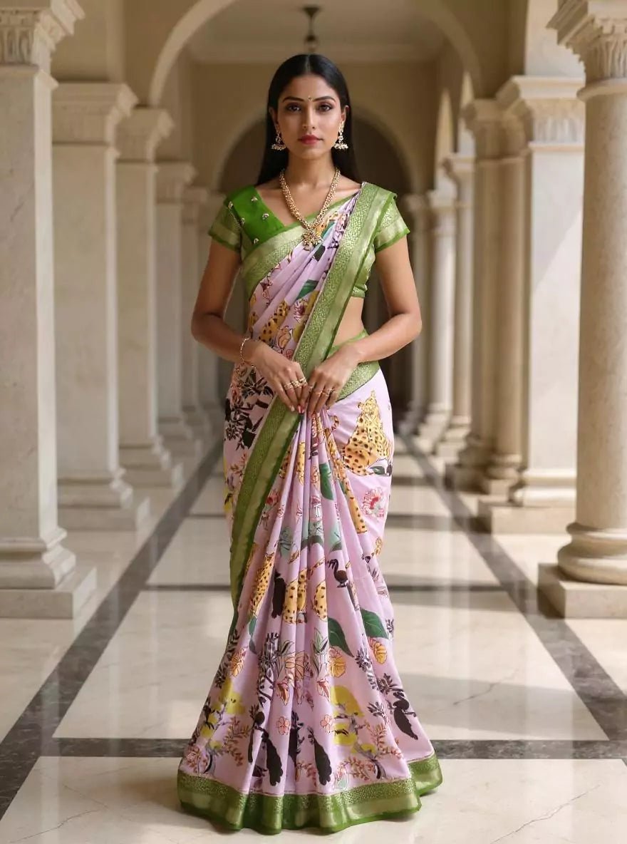 Light Violet Botanical Print Dola Silk Saree - South India Shopping Mall