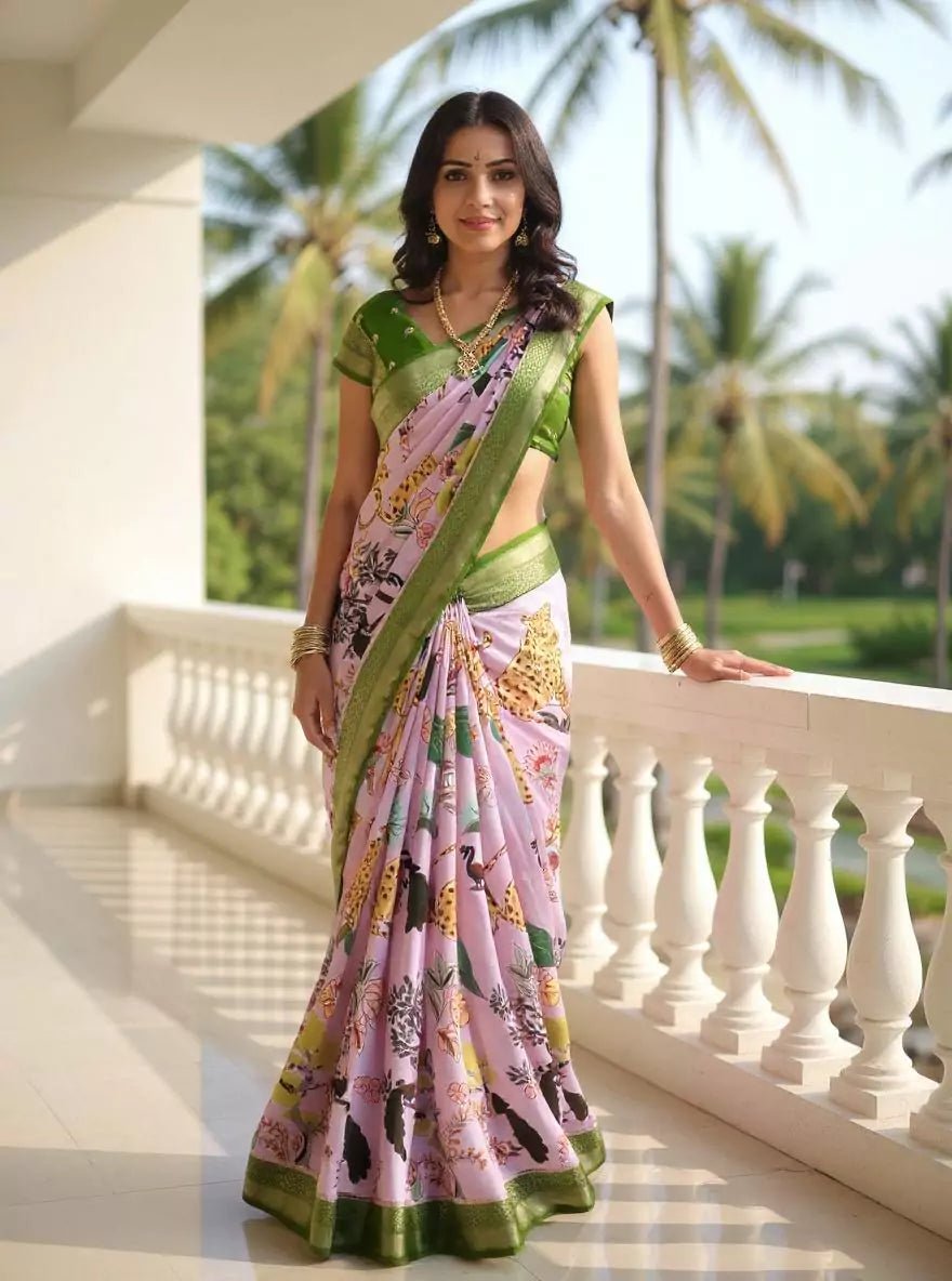 Image of Light Violet Botanical Print Dola Silk Saree - South India Shopping Mall