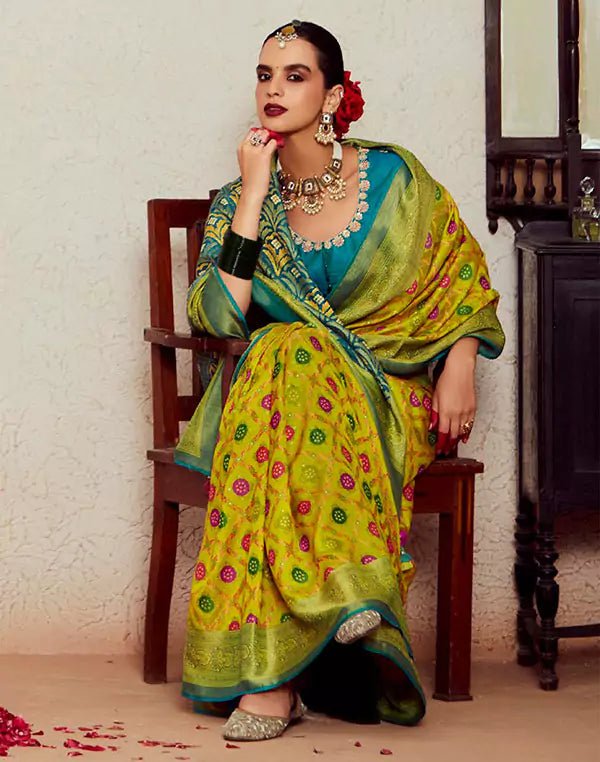 Image of Light Yellow Brasso Silk Saree and Designer Blouse - South India Shopping Mall