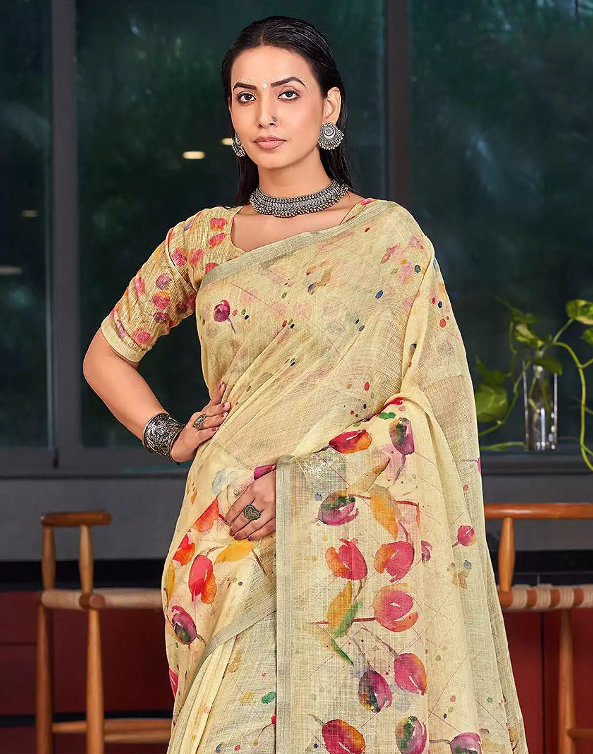 Image of Light Yellow Digital Print Linen Cotton Saree with Short Pallu - South India Shopping Mall