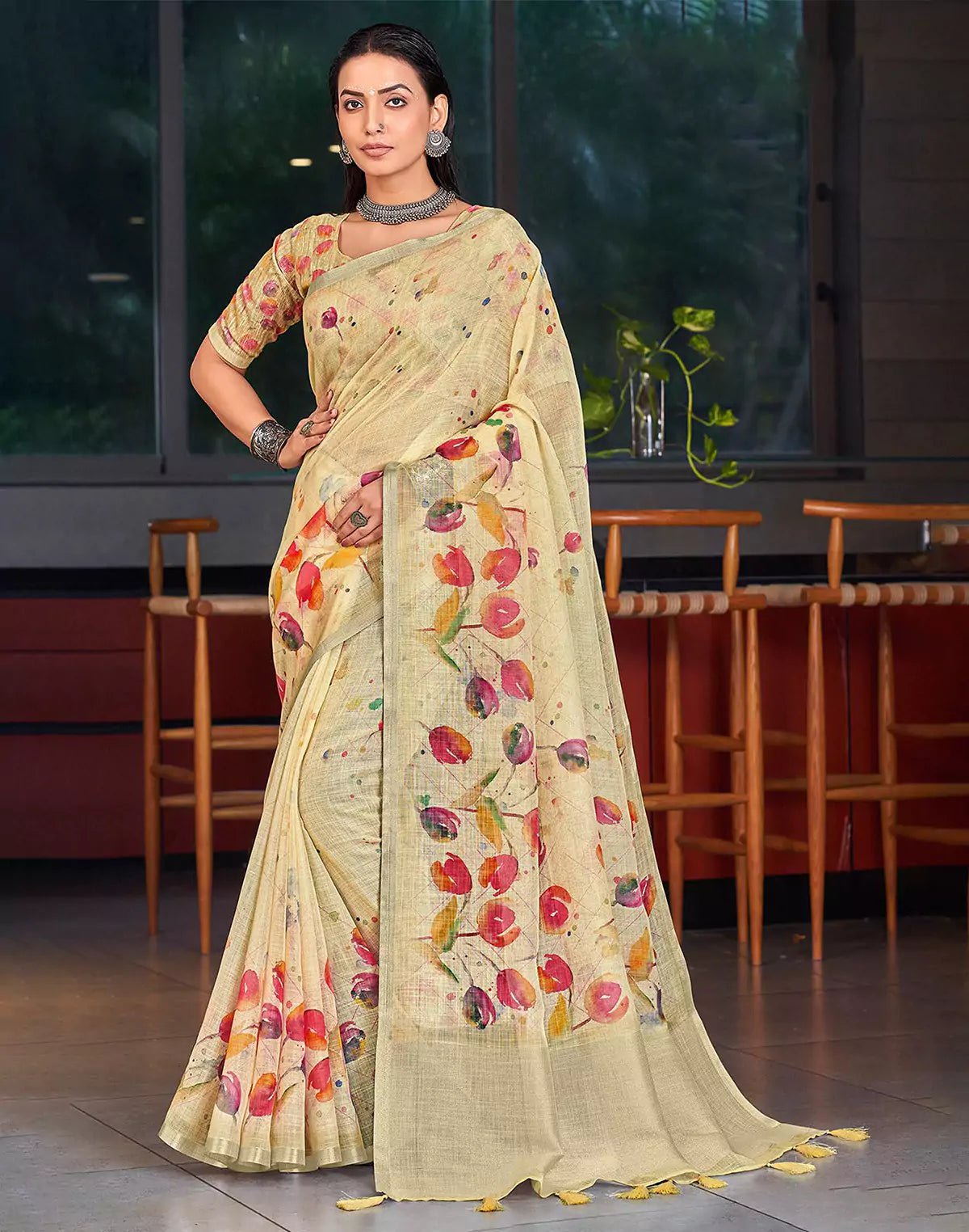 Image of Light Yellow Digital Print Linen Cotton Saree with Short Pallu - South India Shopping Mall