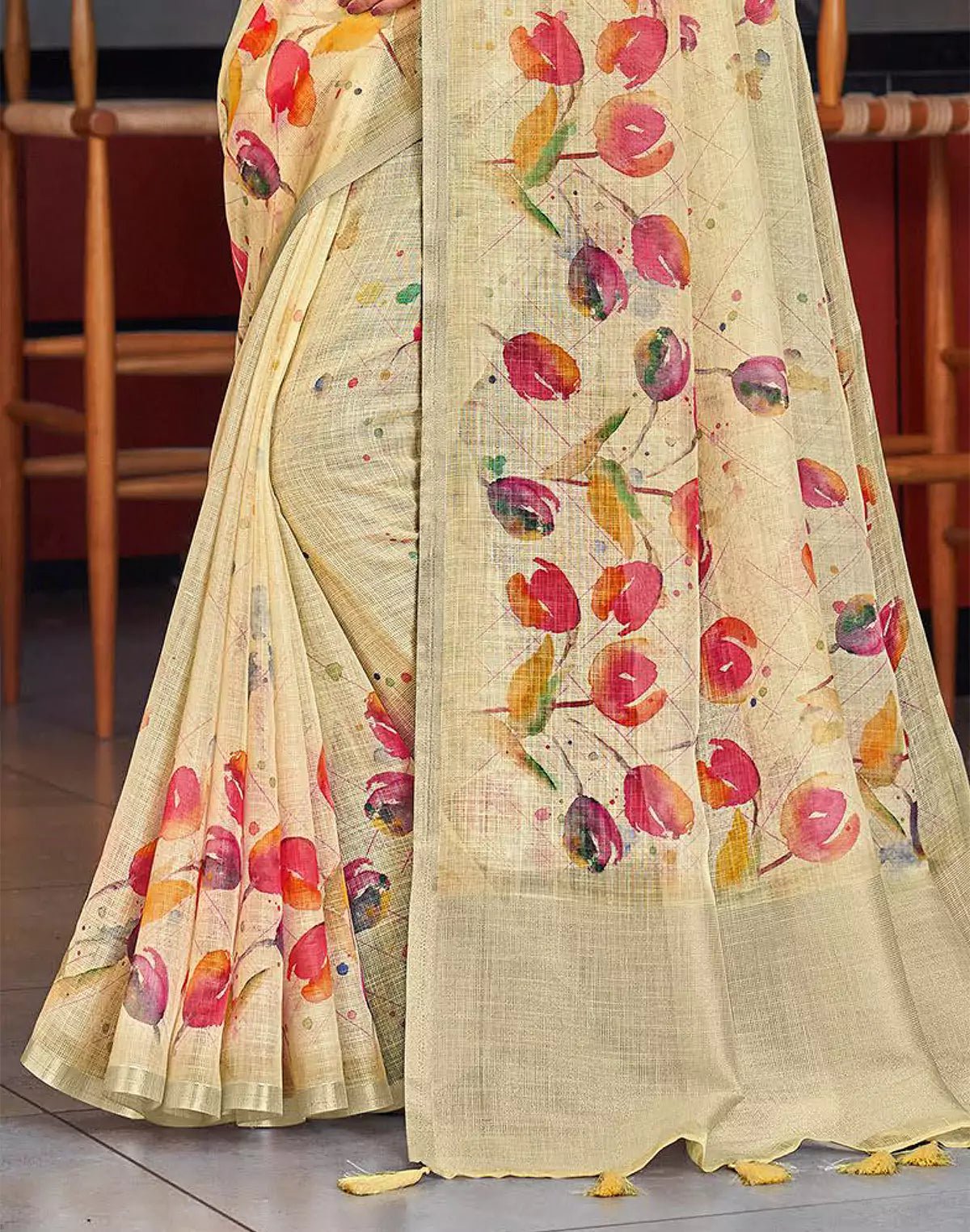 Image of Light Yellow Digital Print Linen Cotton Saree with Short Pallu - South India Shopping Mall