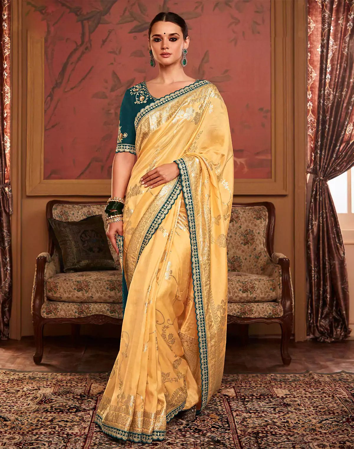 Image of Light Yellow Floral Design Dola Silk Saree With Embroidered Blouse - South India Shopping Mall