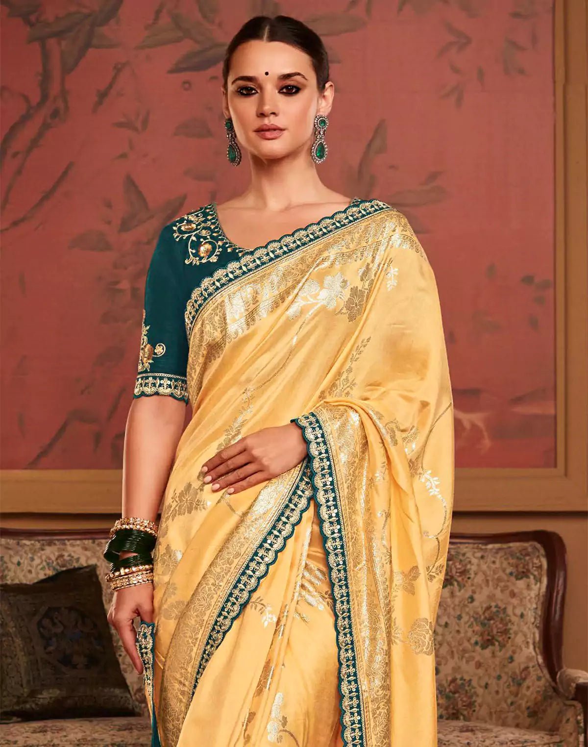 Image of Light Yellow Floral Design Dola Silk Saree With Embroidered Blouse - South India Shopping Mall