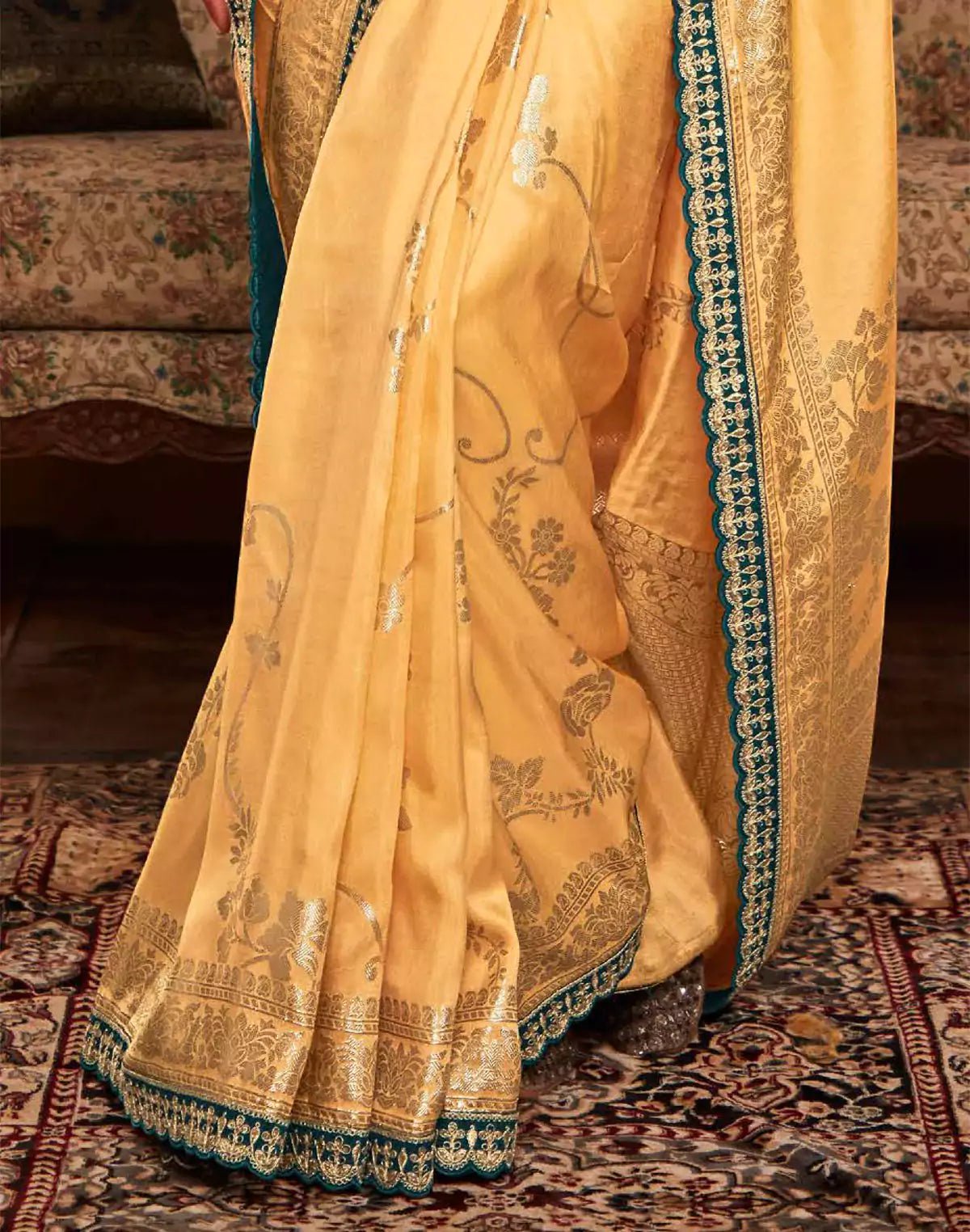 Image of Light Yellow Floral Design Dola Silk Saree With Embroidered Blouse - South India Shopping Mall