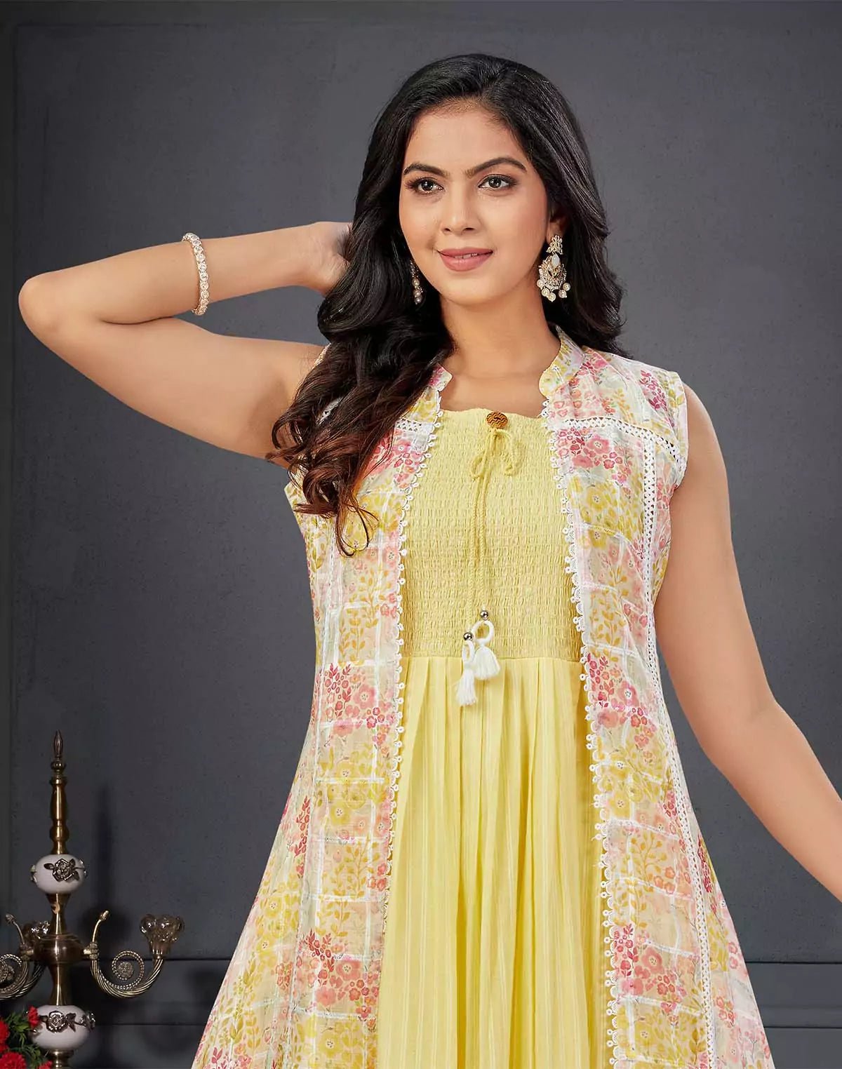 Image of Light Yellow Floral Print Cotton Silk Kurti with Shrug - South India Shopping Mall