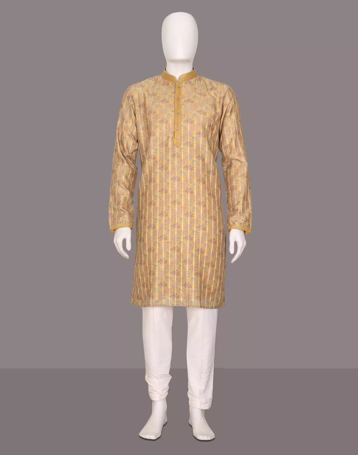 Image of Light Yellow Floral Printed Cotton Silk Kurta Pajama - South India Shopping Mall
