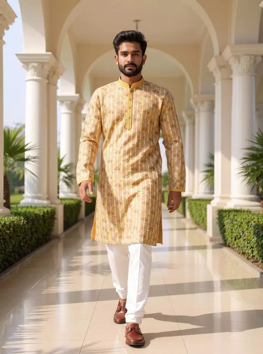 Image of Light Yellow Floral Printed Cotton Silk Kurta Pajama - South India Shopping Mall