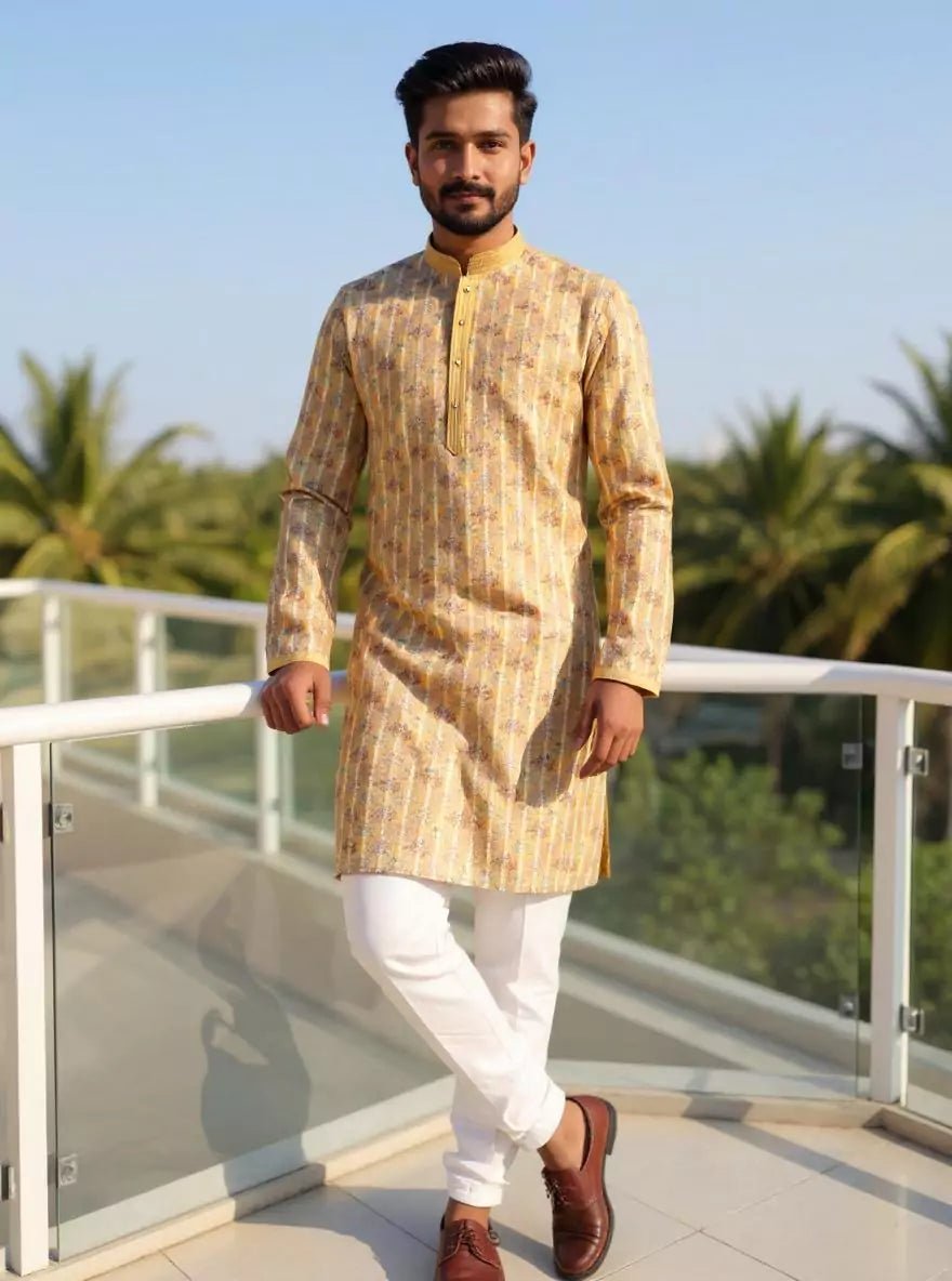 Image of Light Yellow Floral Printed Cotton Silk Kurta Pajama - South India Shopping Mall
