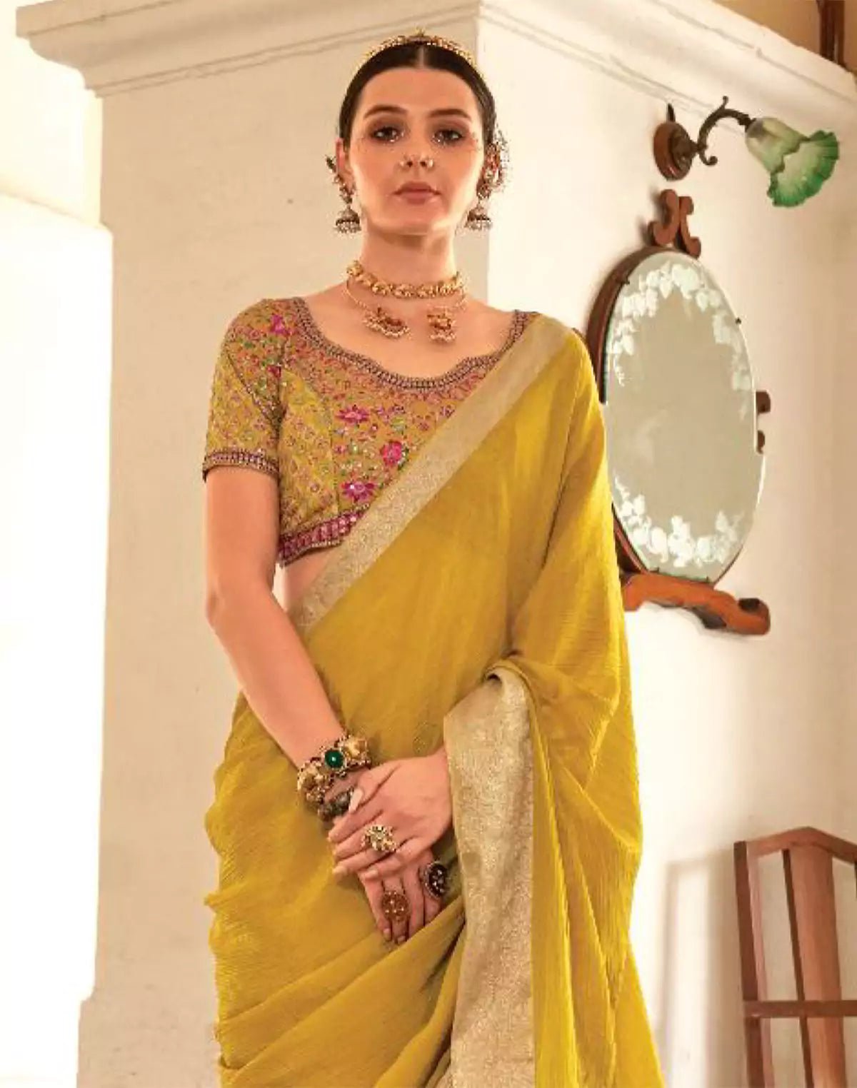 Light Yellow Plain Georgette Saree With Embroidery Work Blouse - South India Shopping Mall