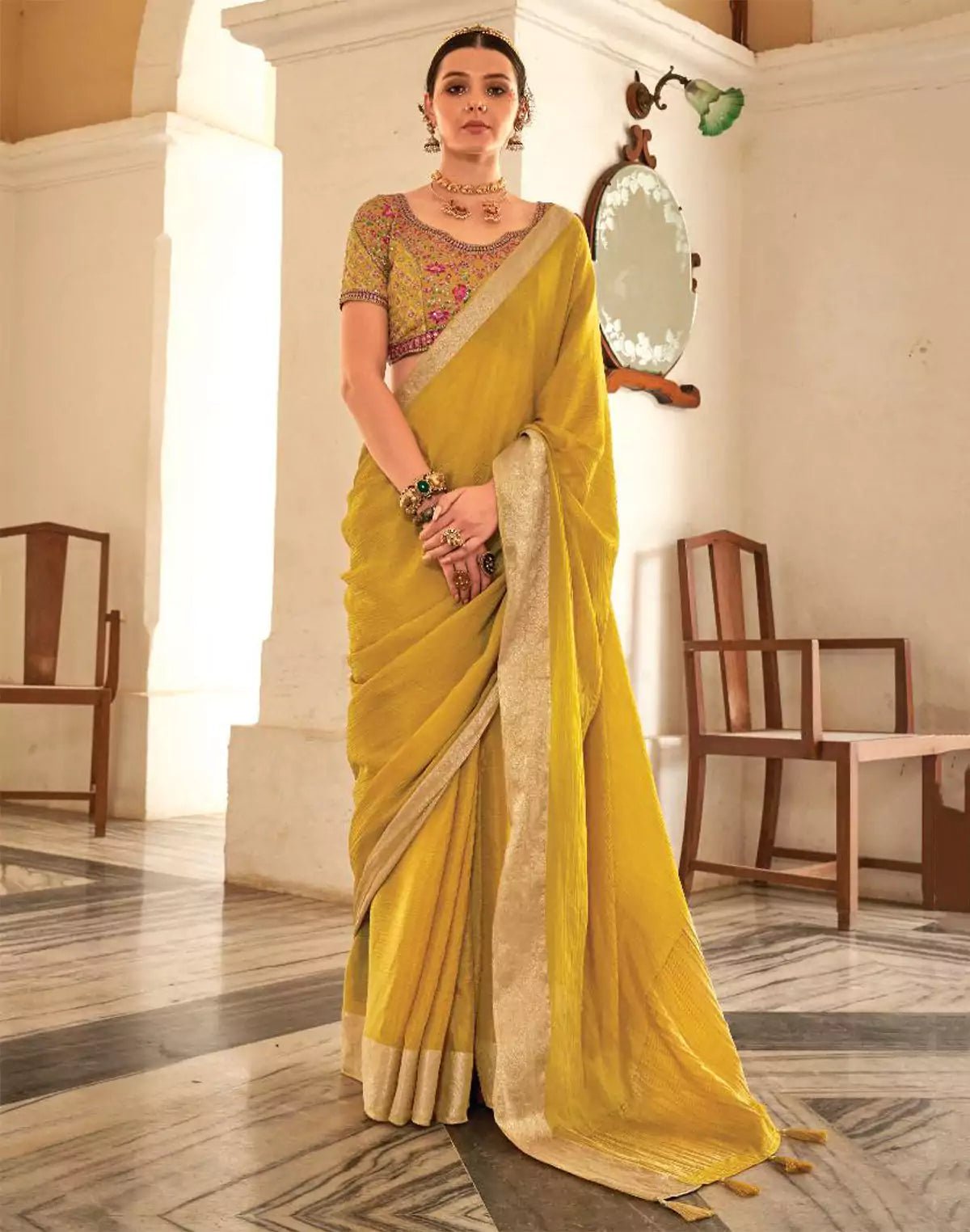 Light Yellow Plain Georgette Saree With Embroidery Work Blouse - South India Shopping Mall
