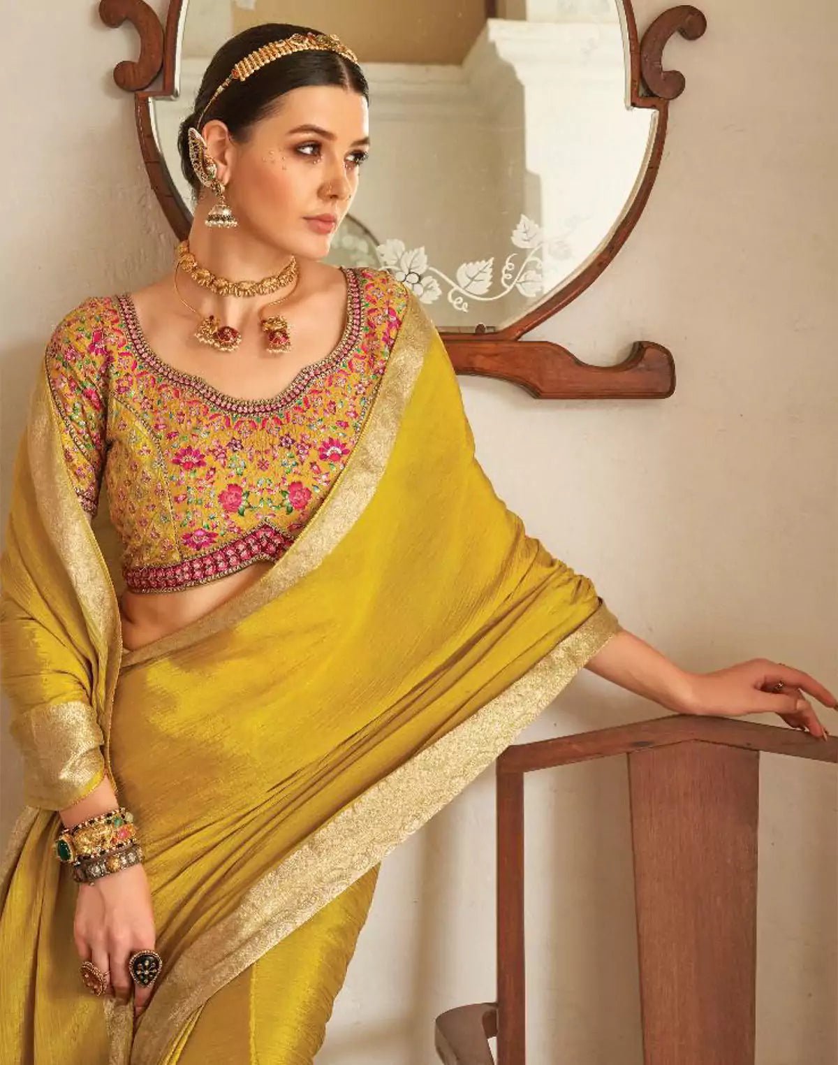 Image of Light Yellow Plain Georgette Saree With Embroidery Work Blouse - South India Shopping Mall