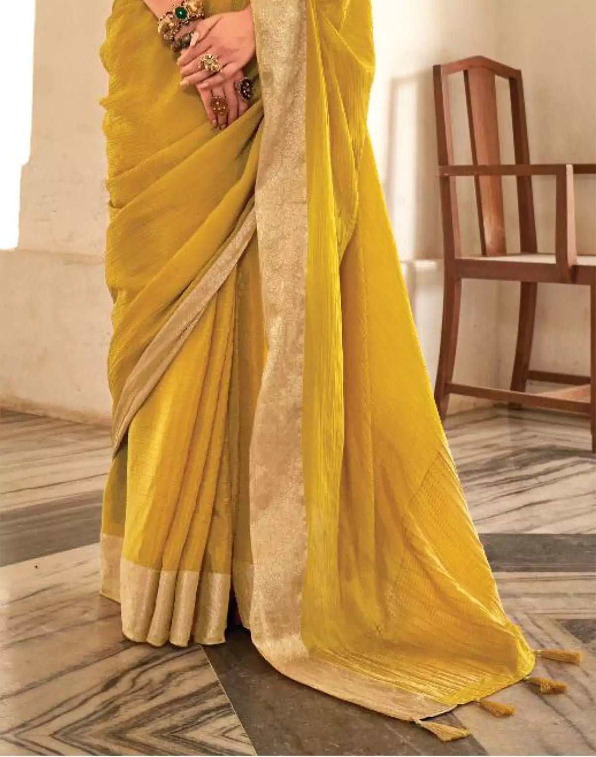 Light Yellow Plain Georgette Saree With Embroidery Work Blouse - South India Shopping Mall