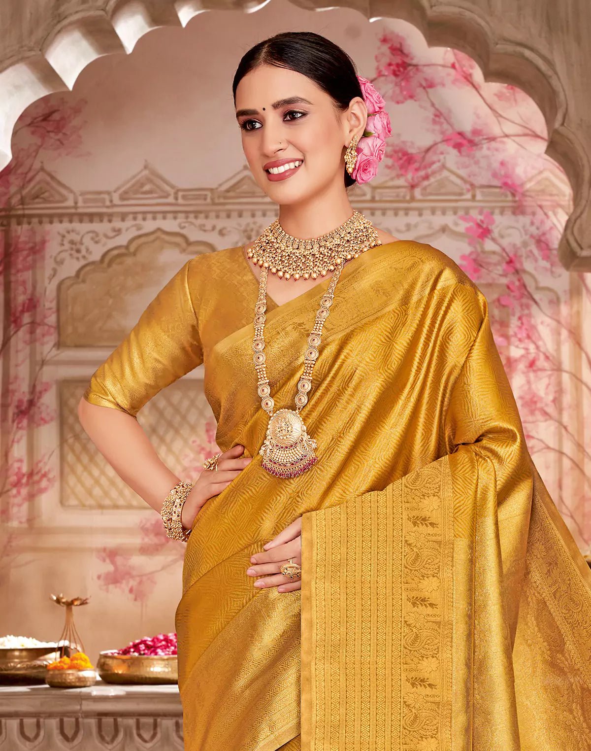 Image of Light Yellow Self Design Semi Silk Saree - South India Shopping Mall