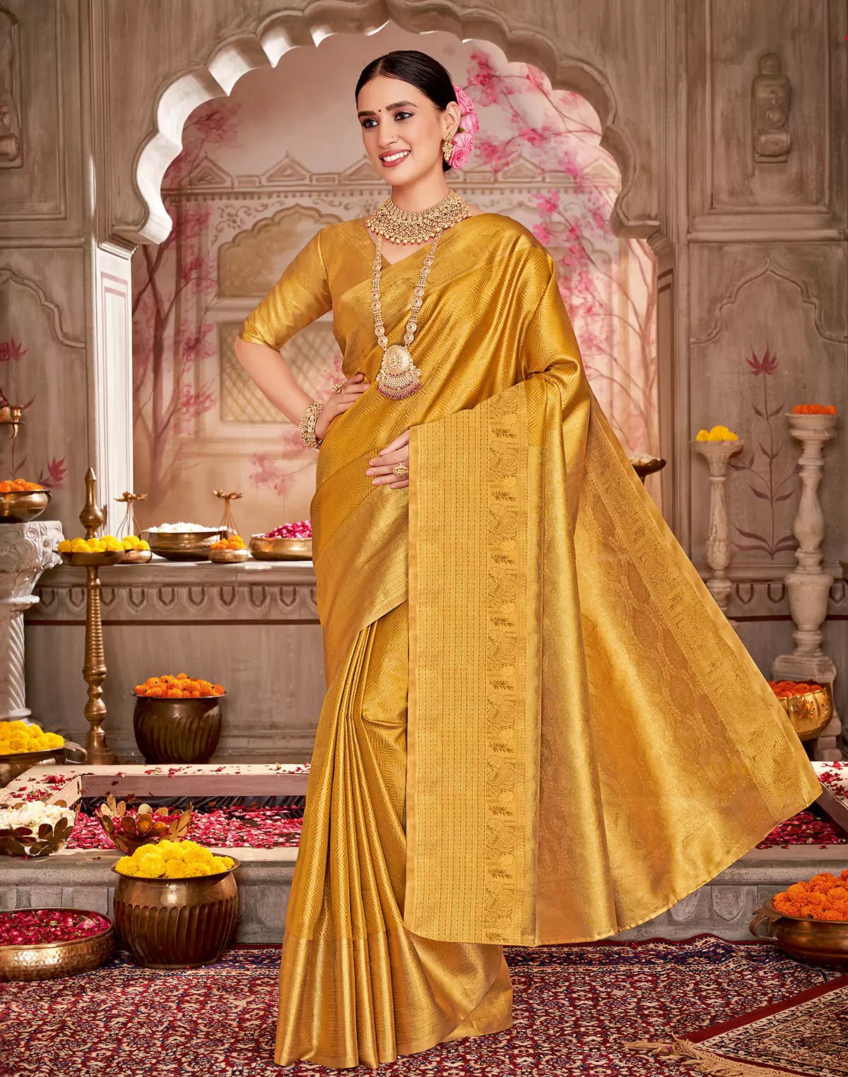 Image of Light Yellow Self Design Semi Silk Saree - South India Shopping Mall
