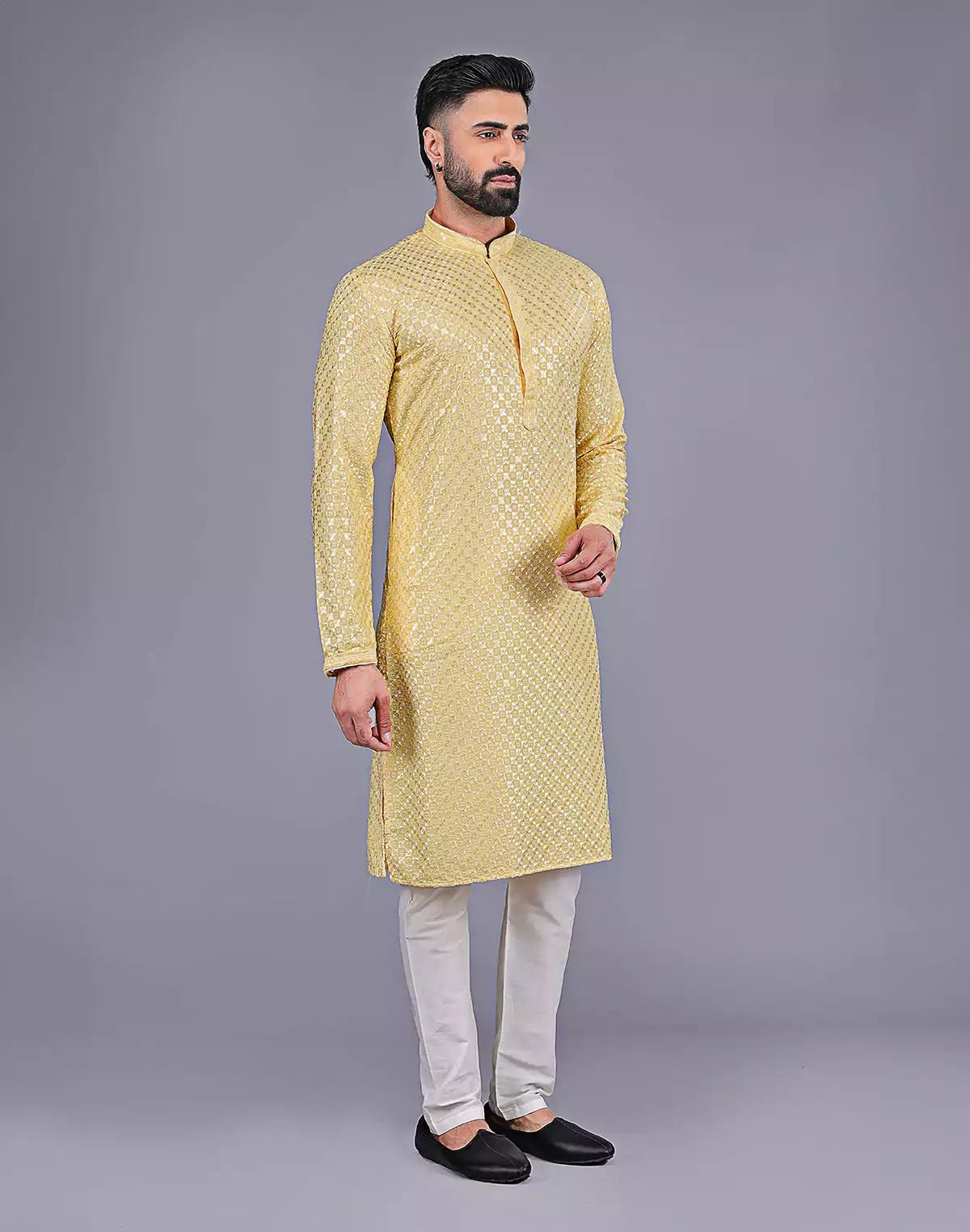 Image of Light Yellow Self Floral Design Thread Embroidery work Kurta Set - South India Shopping Mall