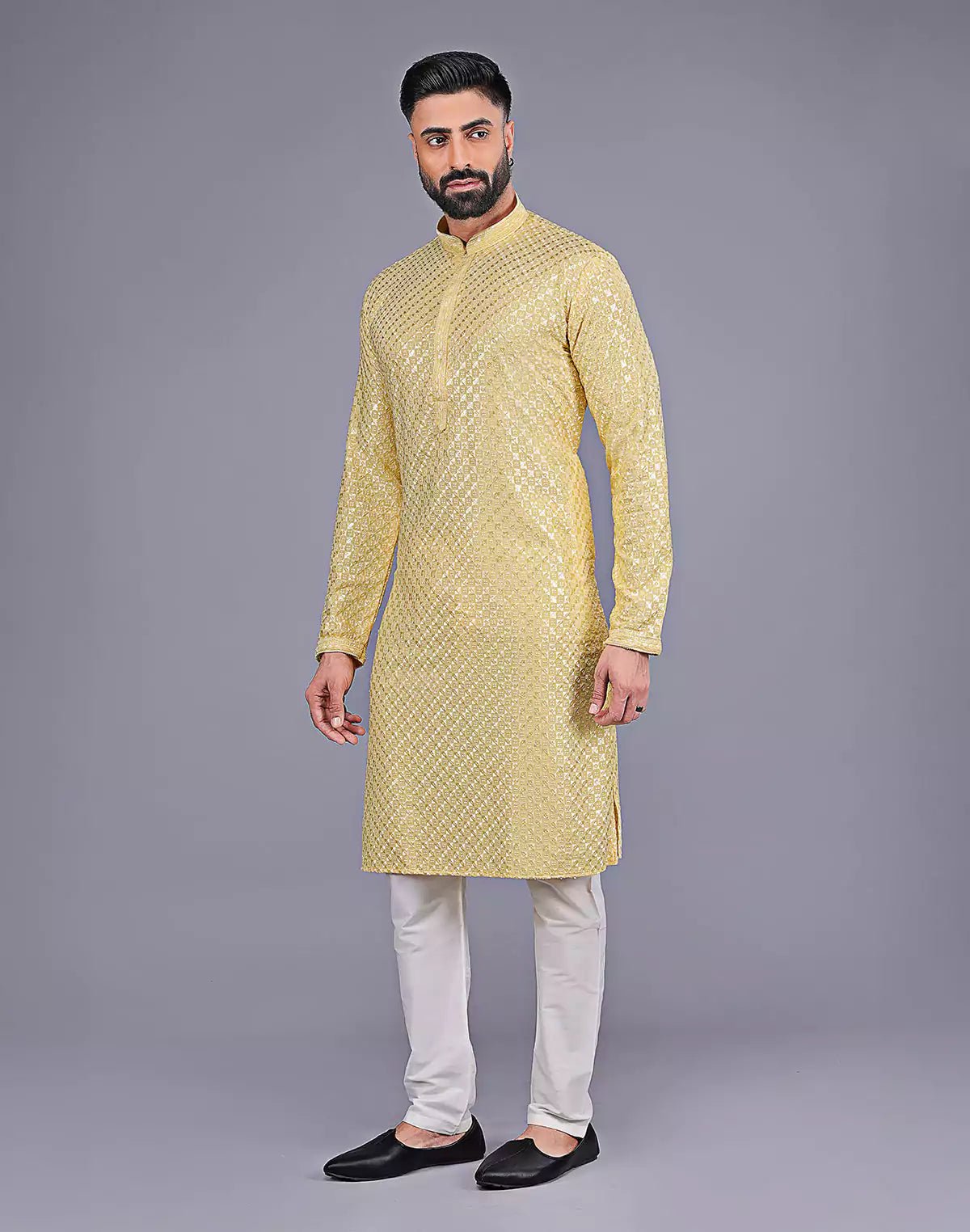 Image of Light Yellow Self Floral Design Thread Embroidery work Kurta Set - South India Shopping Mall