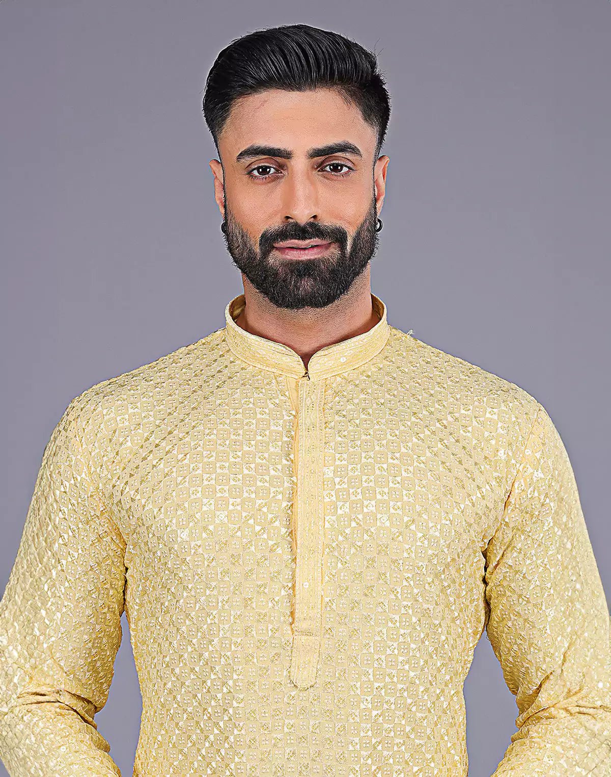 Image of Light Yellow Self Floral Design Thread Embroidery work Kurta Set - South India Shopping Mall