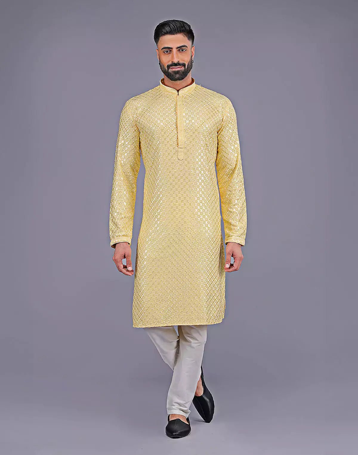 Image of Light Yellow Self Floral Design Thread Embroidery work Kurta Set - South India Shopping Mall