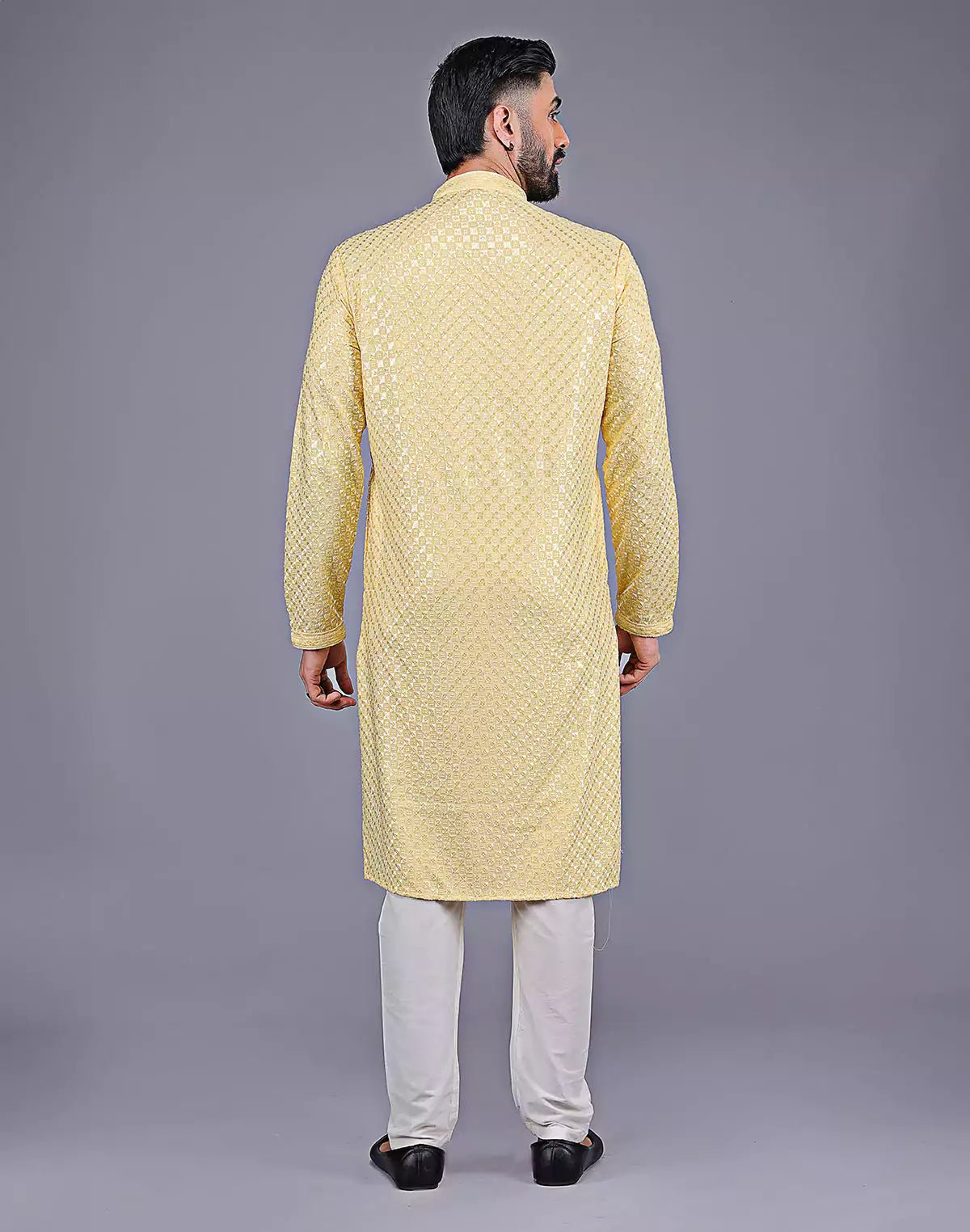 Image of Light Yellow Self Floral Design Thread Embroidery work Kurta Set - South India Shopping Mall