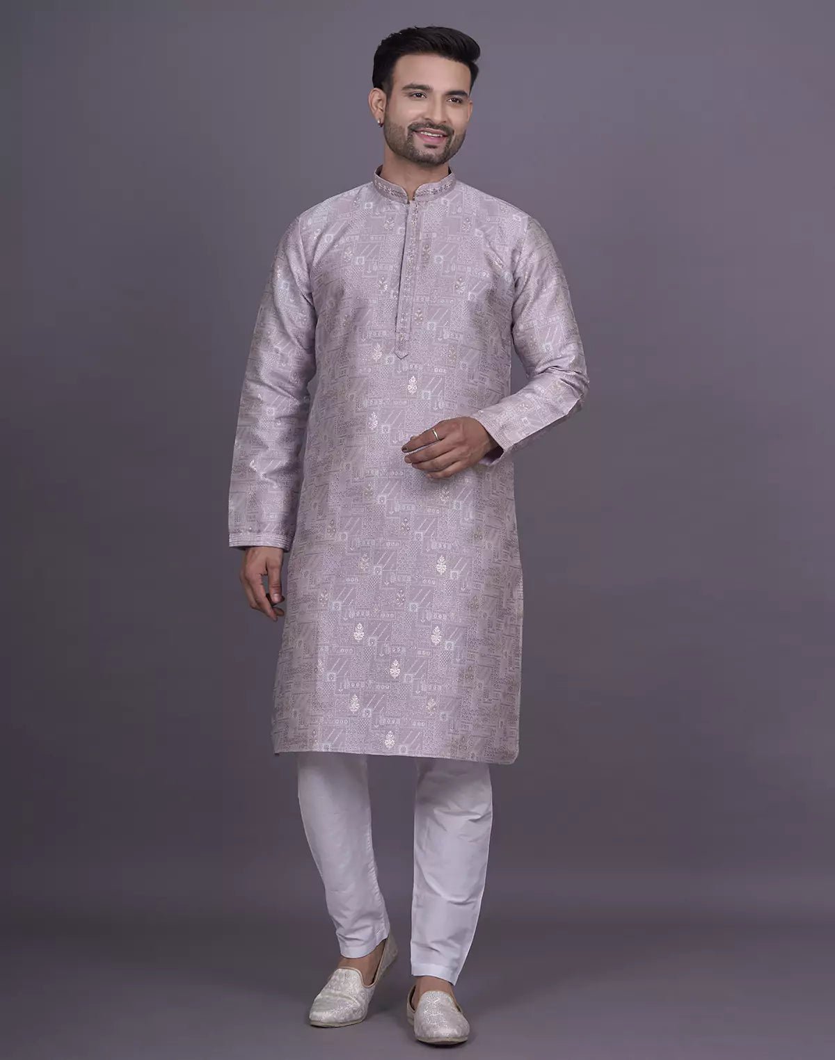 Image of Lilac Colored Floral Design Thread work Jacquard Stylish Kurta Pyjama Set - South India Shopping Mall