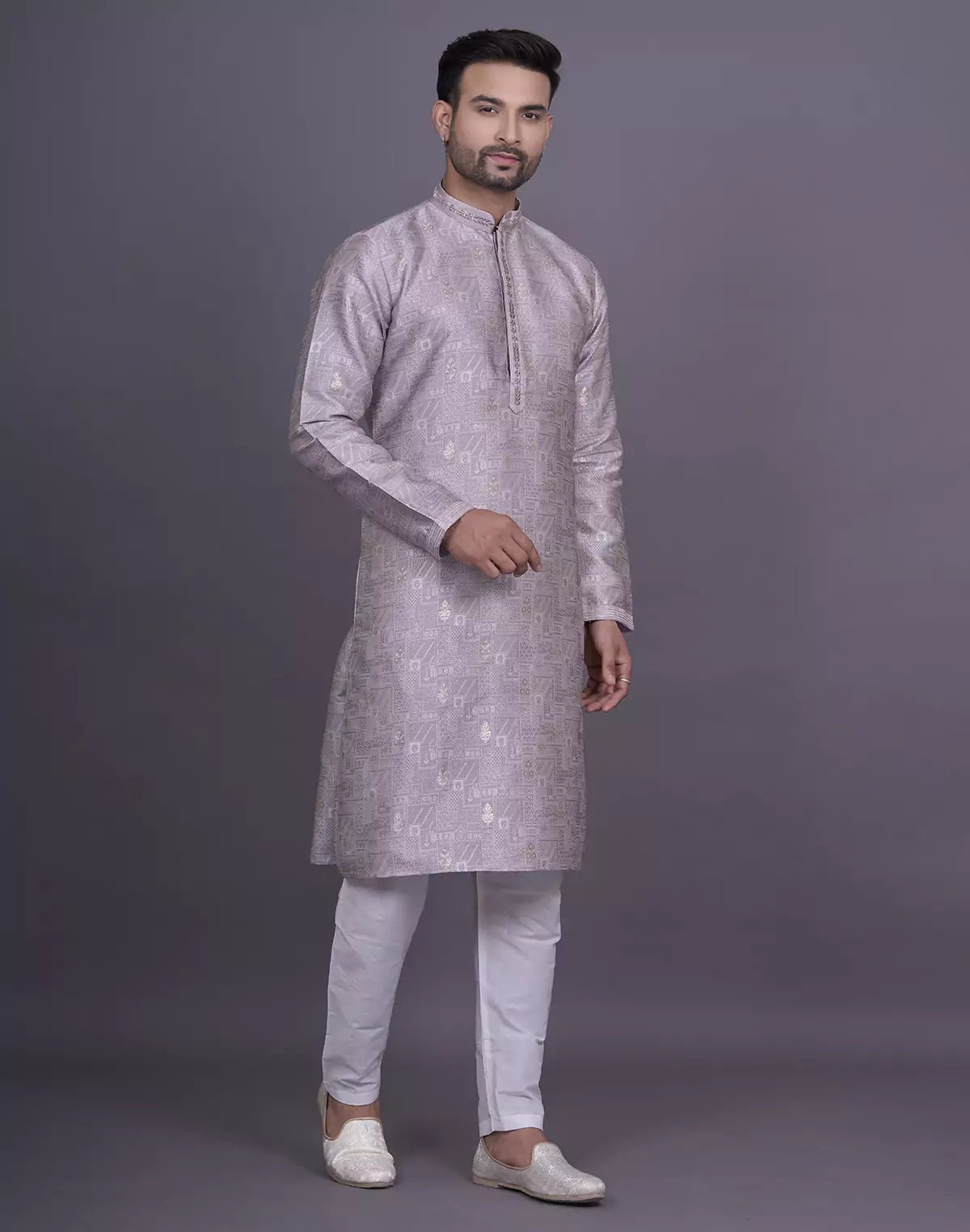 Image of Lilac Colored Floral Design Thread work Jacquard Stylish Kurta Pyjama Set - South India Shopping Mall