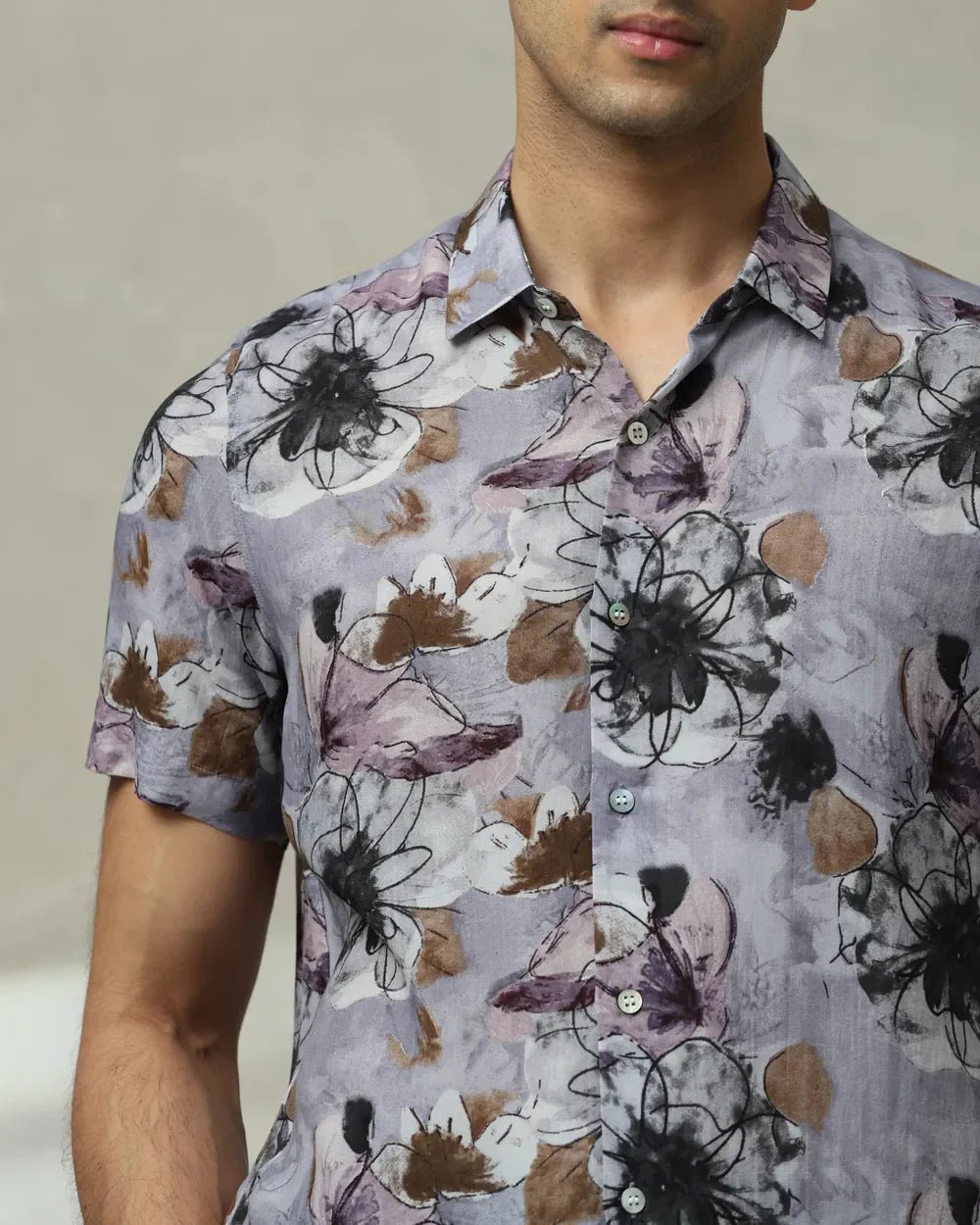 Image of Lilac Colour Men Floral Printed Cotton Slim Fit Shirt - South India Shopping Mall