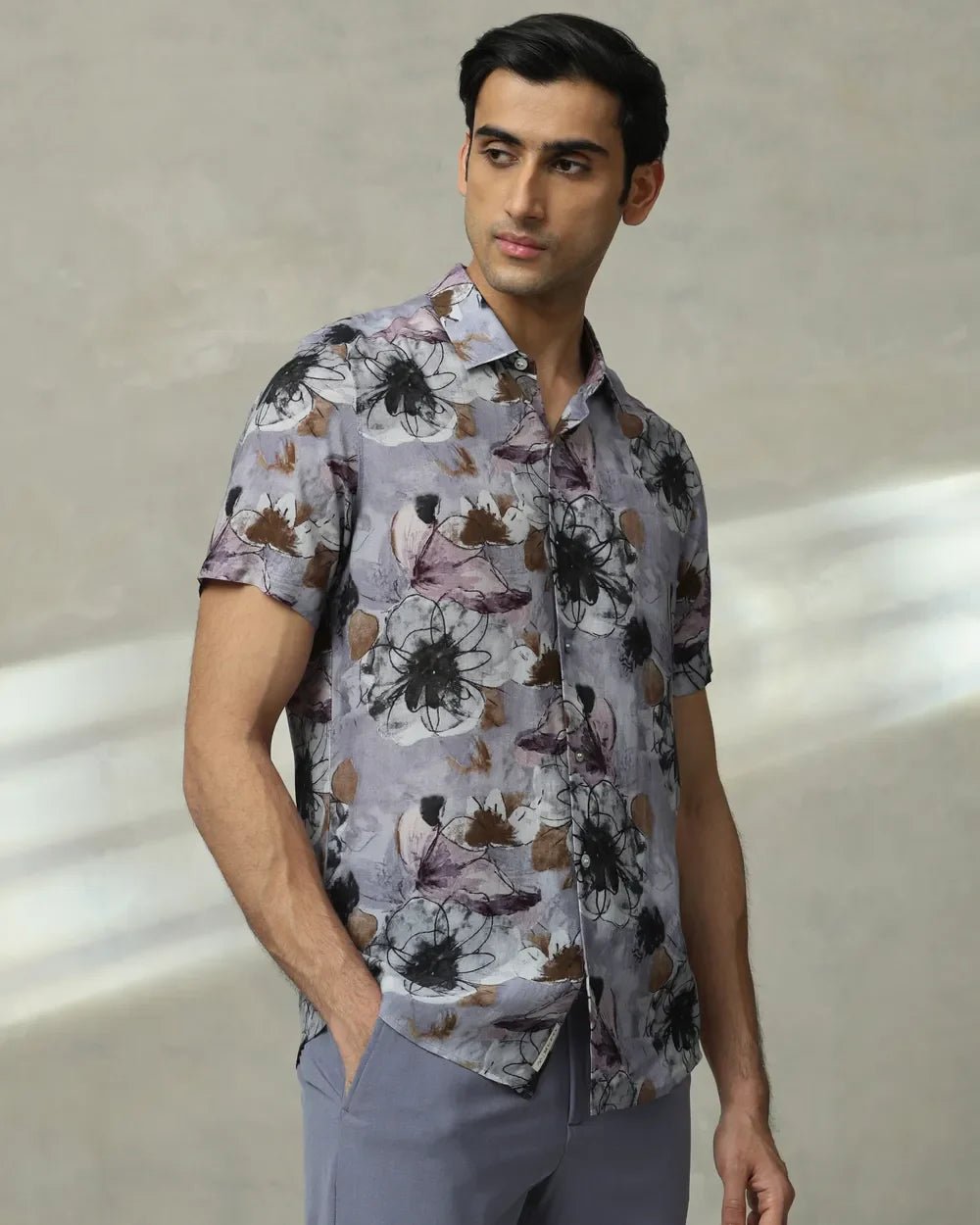 Image of Lilac Colour Men Floral Printed Cotton Slim Fit Shirt - South India Shopping Mall