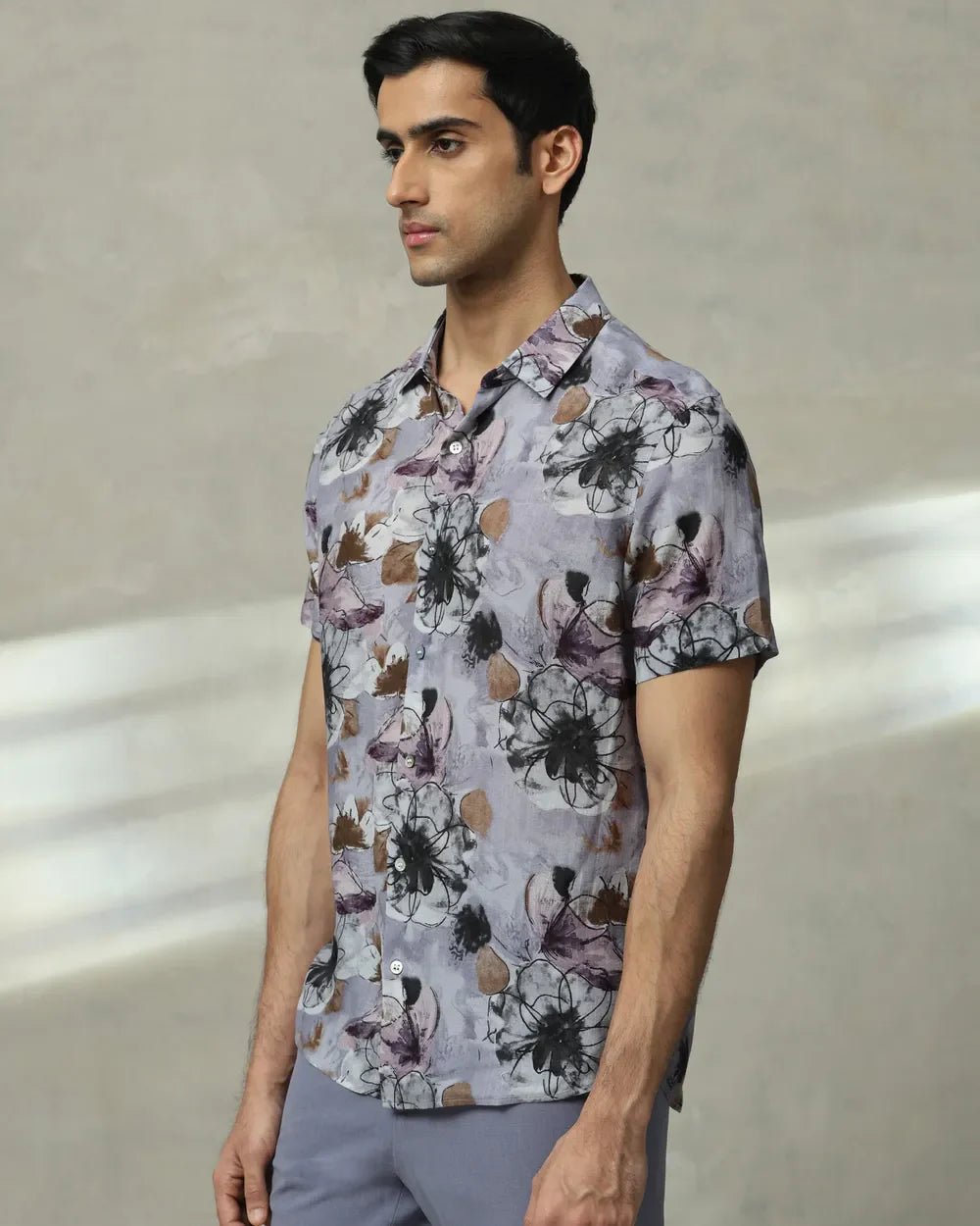 Image of Lilac Colour Men Floral Printed Cotton Slim Fit Shirt - South India Shopping Mall
