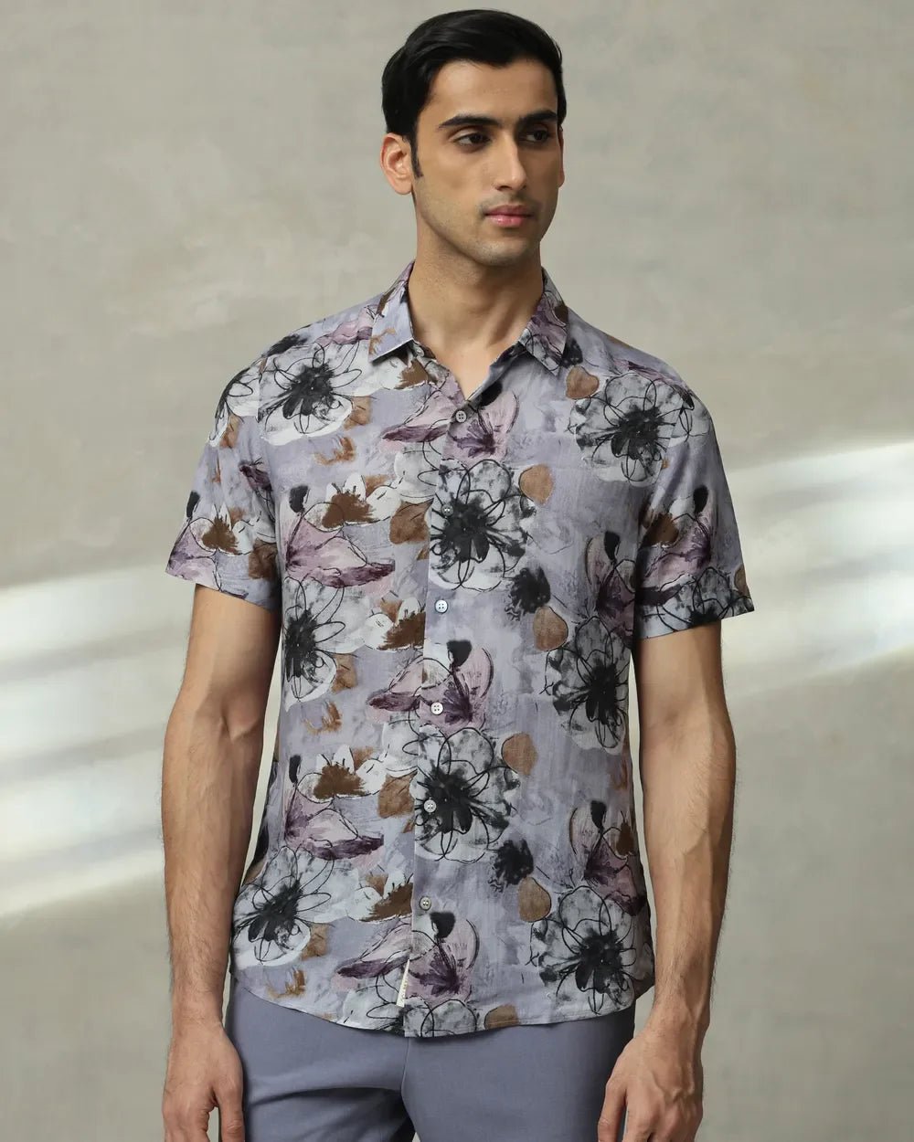 Image of Lilac Colour Men Floral Printed Cotton Slim Fit Shirt - South India Shopping Mall