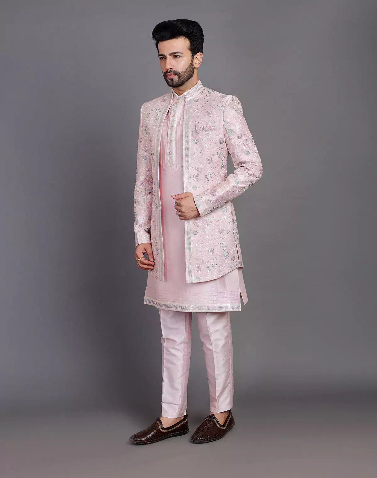 Image of Lilac Coloured Raw Silk Multi Thread Embroidery Work Indo Open Jacket Style - South India Shopping Mall