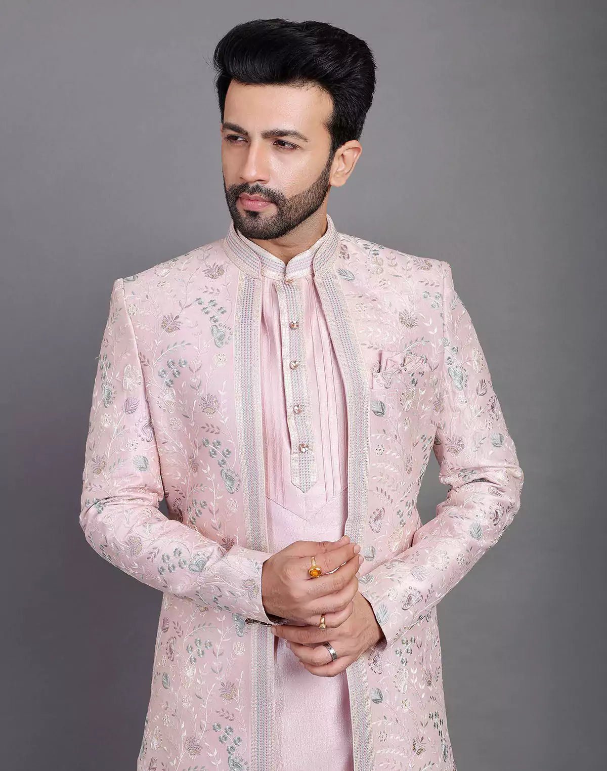 Image of Lilac Coloured Raw Silk Multi Thread Embroidery Work Indo Open Jacket Style - South India Shopping Mall